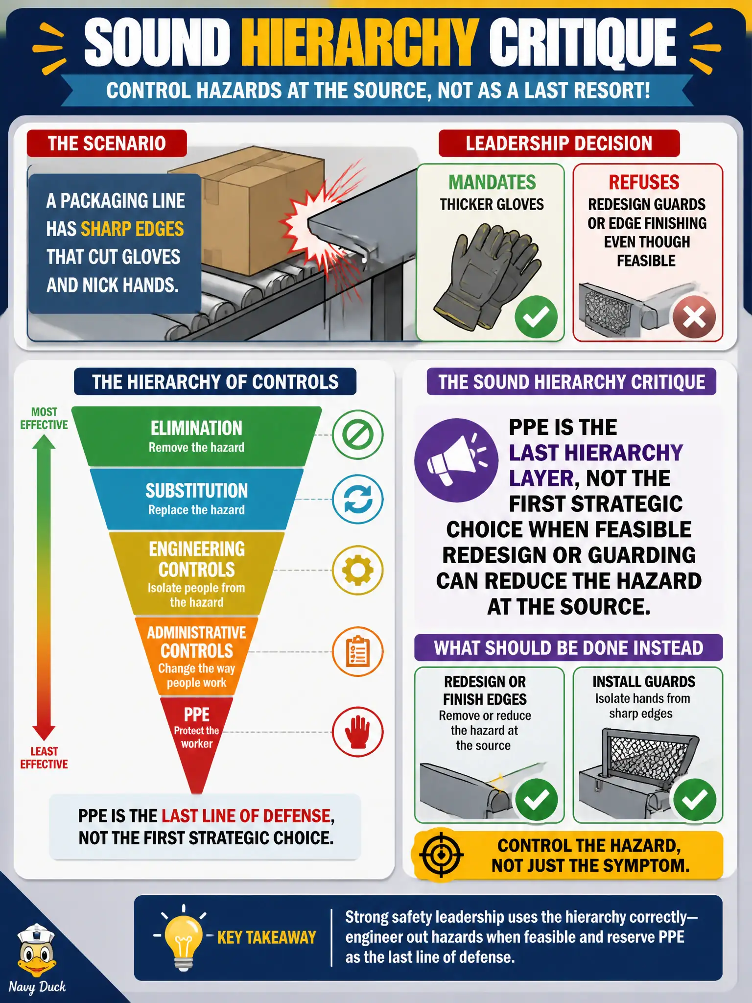 To Create an exciting colorful infographic that explains the concepts in the question: Question: A packaging line has sharp edges that cut gloves and nick hands. Leadership mandates thicker gloves but refuses to redesign guards or edge finishing even though redesign is feasible. What is the sound hierarchy critique? Correct Answer: PPE is the last hierarchy layer, not the first strategic choice when feasible redesign or guarding can reduce the hazard at the source. Put EVERY visible label in double quotes. No people. No A/B/C/D letters. In one of the four corners put a little "Navy Duck".