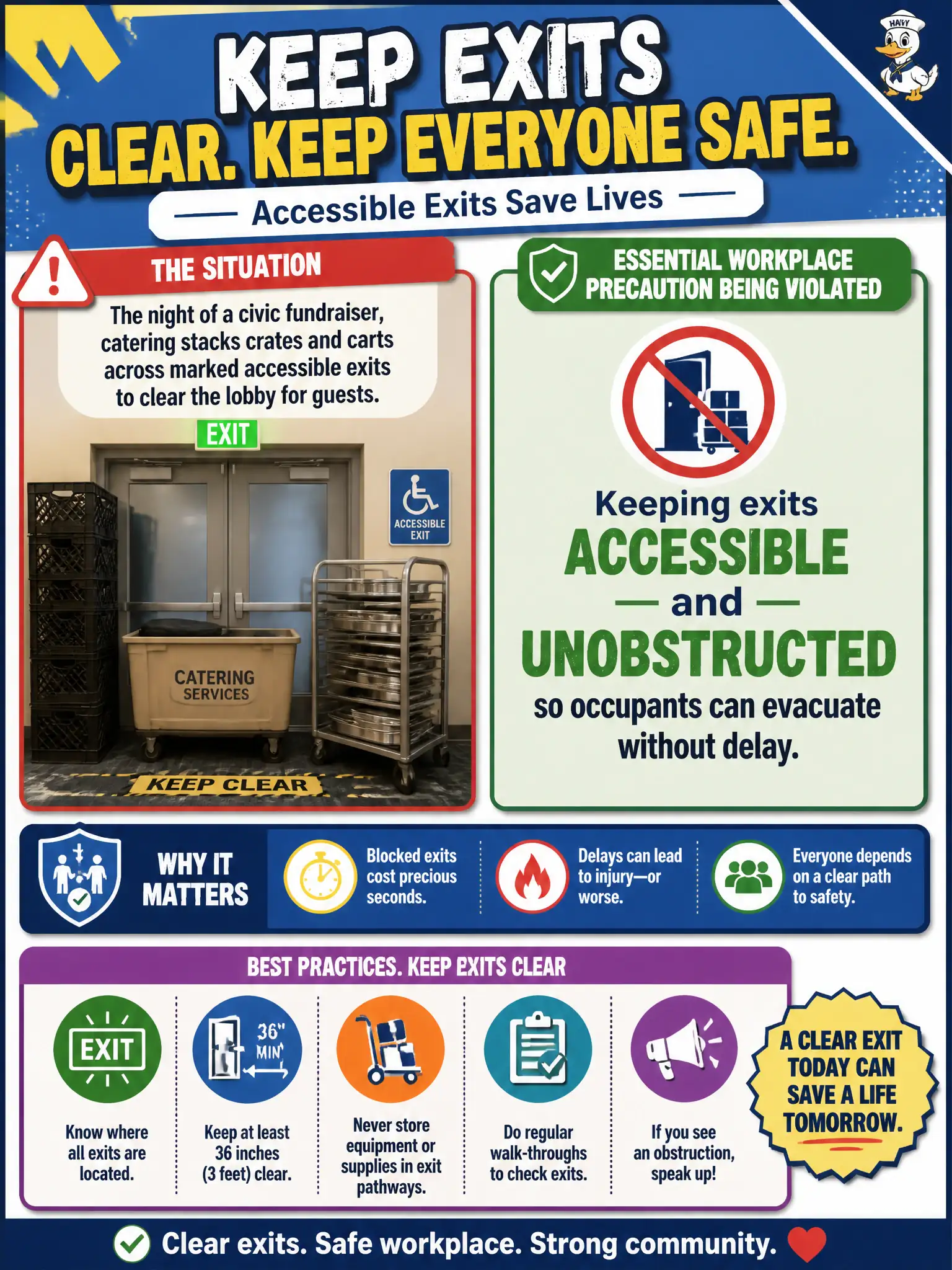 To Create an exciting colorful infographic that explains the concepts in the question: Question: The night of a civic fundraiser, catering stacks crates and carts across marked accessible exits to clear the lobby for guests. What essential workplace precaution is being violated? Correct Answer: Keeping exits accessible and unobstructed so occupants can evacuate without delay. Put EVERY visible label in double quotes. No people. No A/B/C/D letters. In one of the four corners put a little "Navy Duck".