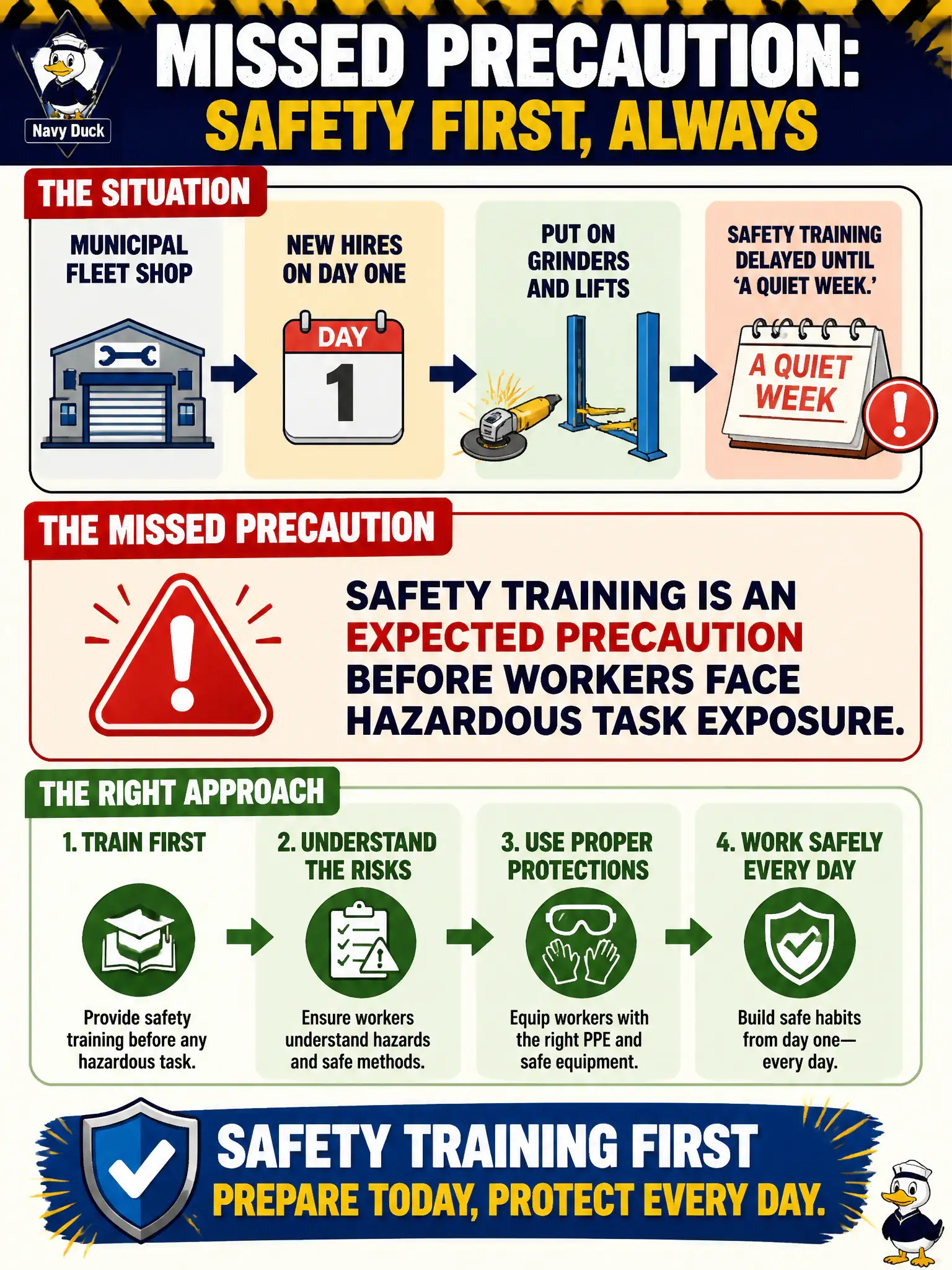To Create an exciting colorful infographic that explains the concepts in the question: Question: A municipal fleet shop puts new hires on grinders and lifts on day one, delaying safety training until 'a quiet week.' What precaution expectation is being missed? Correct Answer: Safety training is an expected precaution before workers face hazardous task exposure. Put EVERY visible label in double quotes. No people. No A/B/C/D letters. In one of the four corners put a little "Navy Duck".