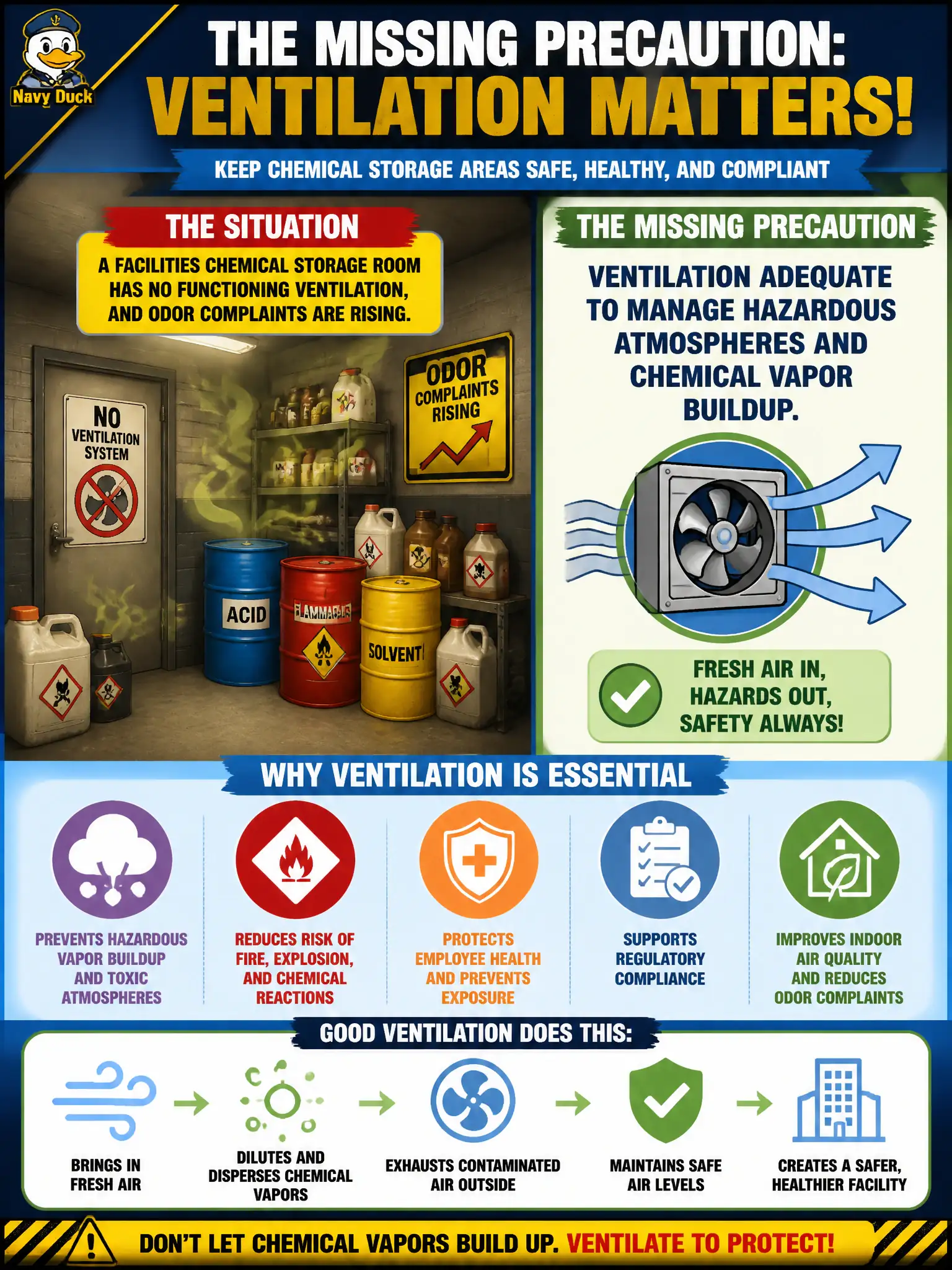 To Create an exciting colorful infographic that explains the concepts in the question: Question: A facilities chemical storage room has no functioning ventilation, and odor complaints are rising. What essential environmental health precaution is missing? Correct Answer: Ventilation adequate to manage hazardous atmospheres and chemical vapor buildup. Put EVERY visible label in double quotes. No people. No A/B/C/D letters. In one of the four corners put a little "Navy Duck".
