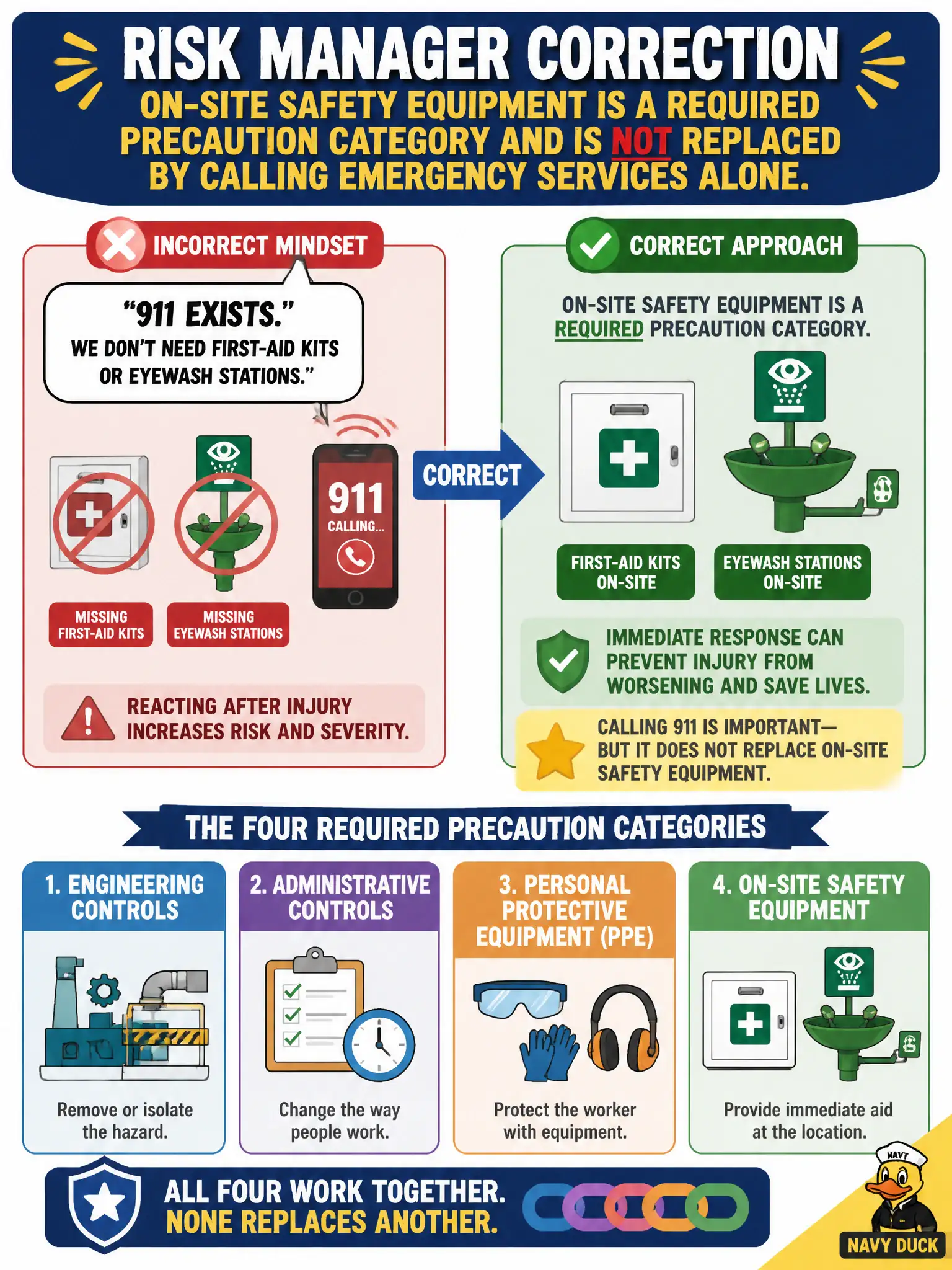 To Create an exciting colorful infographic that explains the concepts in the question: Question: A lab supervisor waves off missing first-aid kits and eyewash stations because '911 exists.' What should the risk manager correct? Correct Answer: On-site safety equipment is a required precaution category and is not replaced by calling emergency services alone. Put EVERY visible label in double quotes. No people. No A/B/C/D letters. In one of the four corners put a little "Navy Duck".