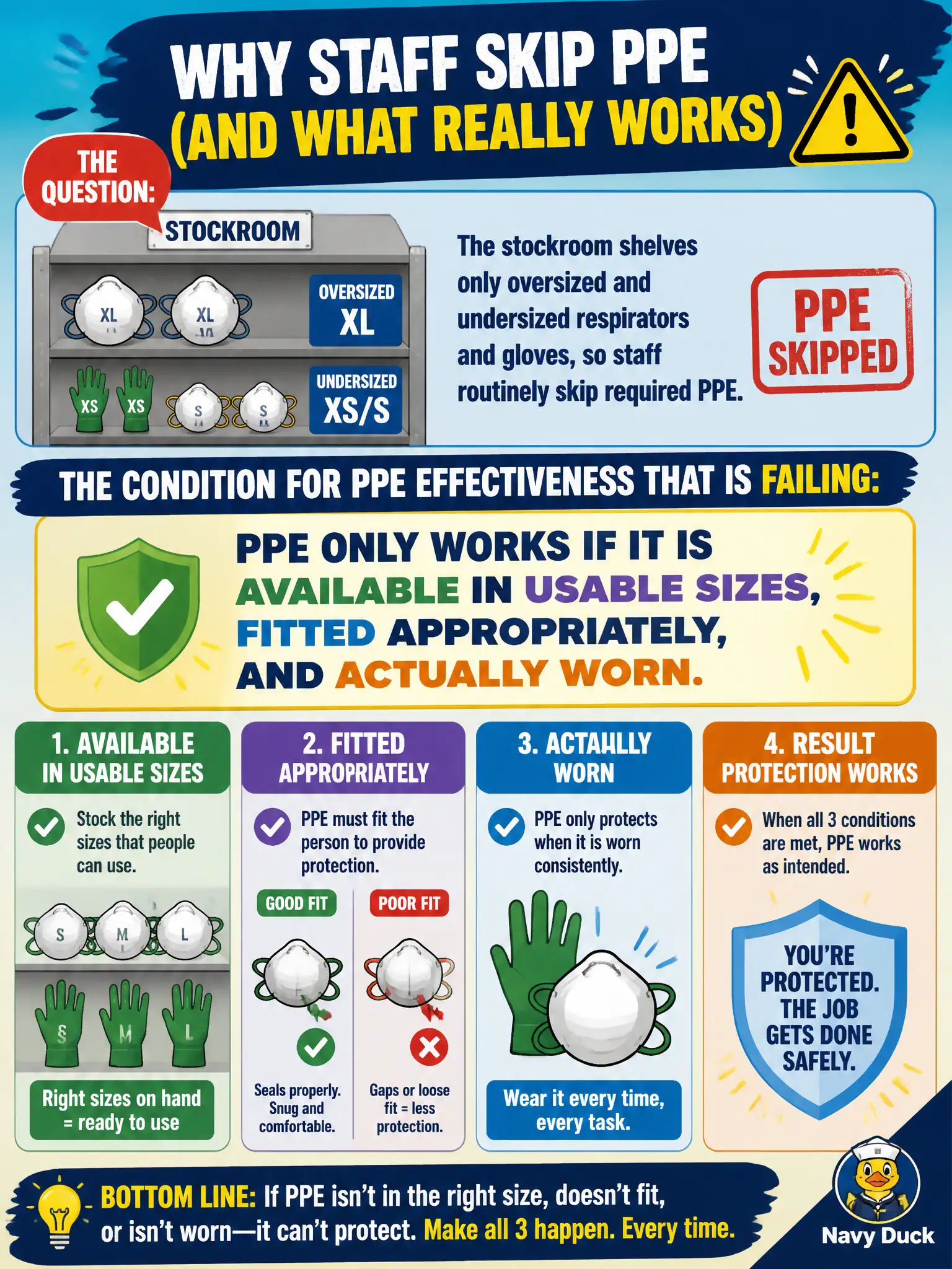 To Create an exciting colorful infographic that explains the concepts in the question: Question: The stockroom shelves only oversized and undersized respirators and gloves, so staff routinely skip required PPE. What condition for PPE effectiveness is failing? Correct Answer: PPE only works if it is available in usable sizes, fitted appropriately, and actually worn. Put EVERY visible label in double quotes. No people. No A/B/C/D letters. In one of the four corners put a little "Navy Duck".