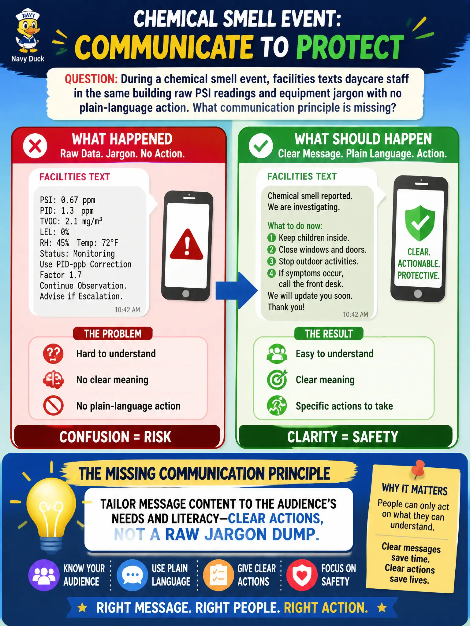 To Create an exciting colorful infographic that explains the concepts in the question: Question: During a chemical smell event, facilities texts daycare staff in the same building raw PSI readings and equipment jargon with no plain-language action. What communication principle is missing? Correct Answer: Tailor message content to the audience's needs and literacy—clear actions, not a raw jargon dump. Put EVERY visible label in double quotes. No people. No A/B/C/D letters. In one of the four corners put a little "Navy Duck".