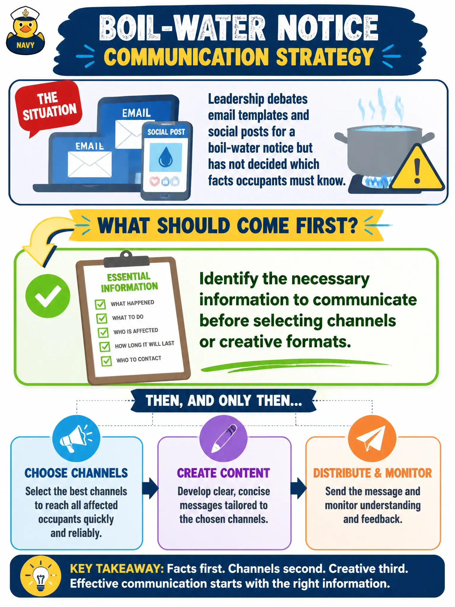 To Create an exciting colorful infographic that explains the concepts in the question: Question: Leadership debates email templates and social posts for a boil-water notice but has not decided which facts occupants must know. What should come first in the communication strategy? Correct Answer: Identify the necessary information to communicate before selecting channels or creative formats. Put EVERY visible label in double quotes. No people. No A/B/C/D letters. In one of the four corners put a little "Navy Duck".