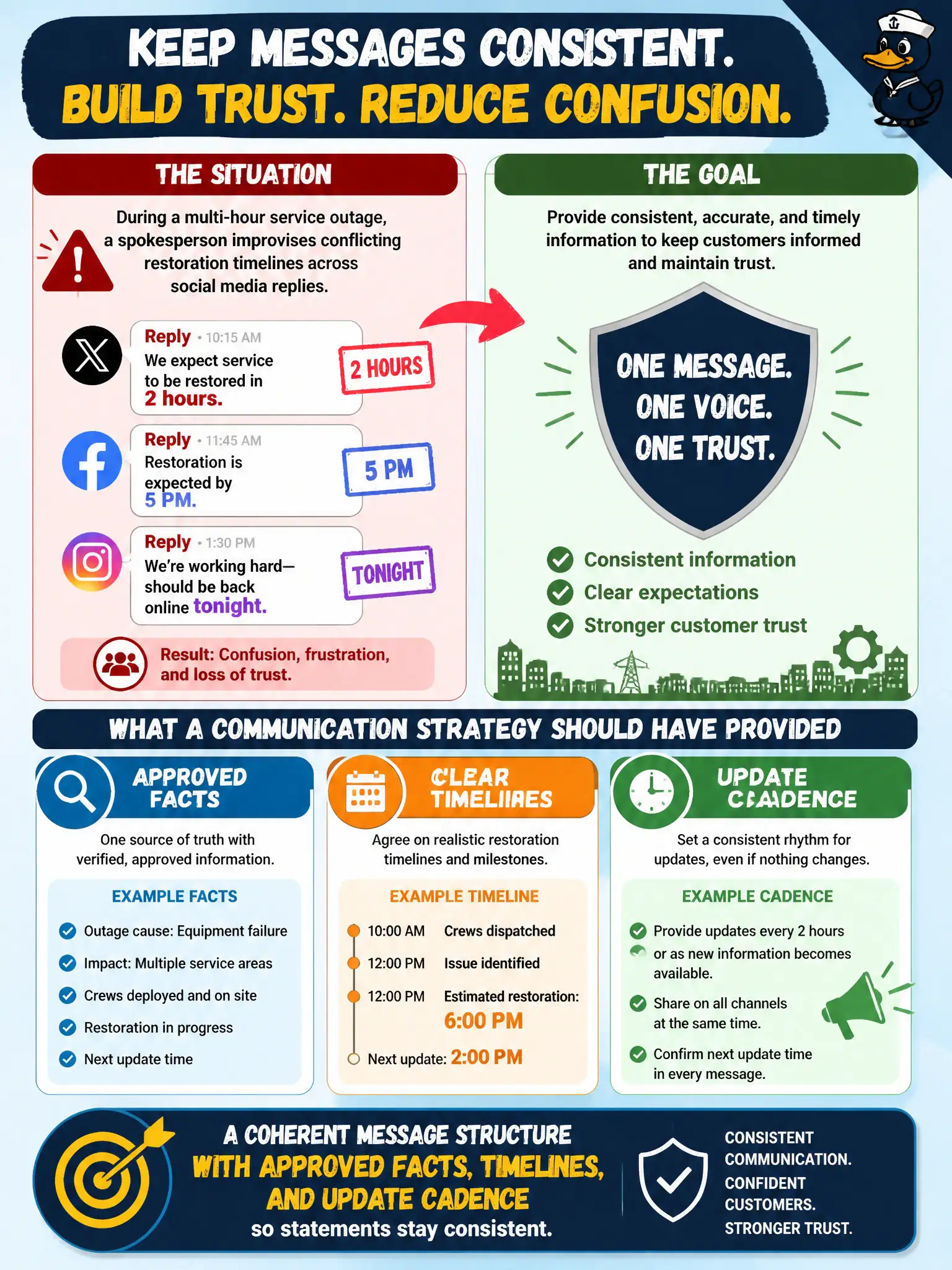 To Create an exciting colorful infographic that explains the concepts in the question: Question: During a multi-hour service outage, a spokesperson improvises conflicting restoration timelines across social media replies. What should a communication strategy have provided? Correct Answer: A coherent message structure with approved facts, timelines, and update cadence so statements stay consistent. Put EVERY visible label in double quotes. No people. No A/B/C/D letters. In one of the four corners put a little "Navy Duck".