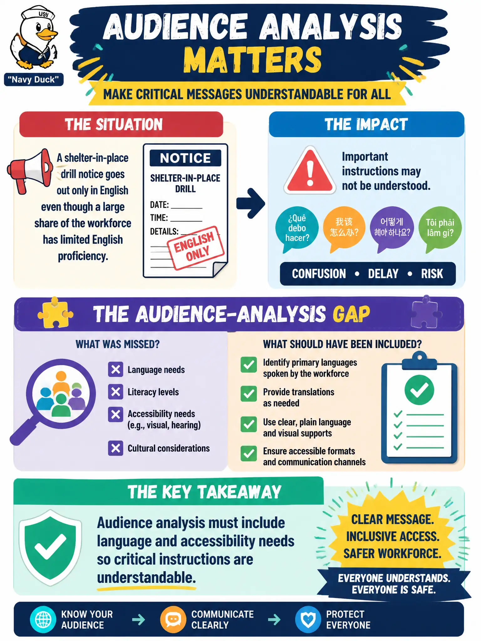 To Create an exciting colorful infographic that explains the concepts in the question: Question: A shelter-in-place drill notice goes out only in English even though a large share of the workforce has limited English proficiency. What audience-analysis gap does this show? Correct Answer: Audience analysis must include language and accessibility needs so critical instructions are understandable. Put EVERY visible label in double quotes. No people. No A/B/C/D letters. In one of the four corners put a little "Navy Duck".