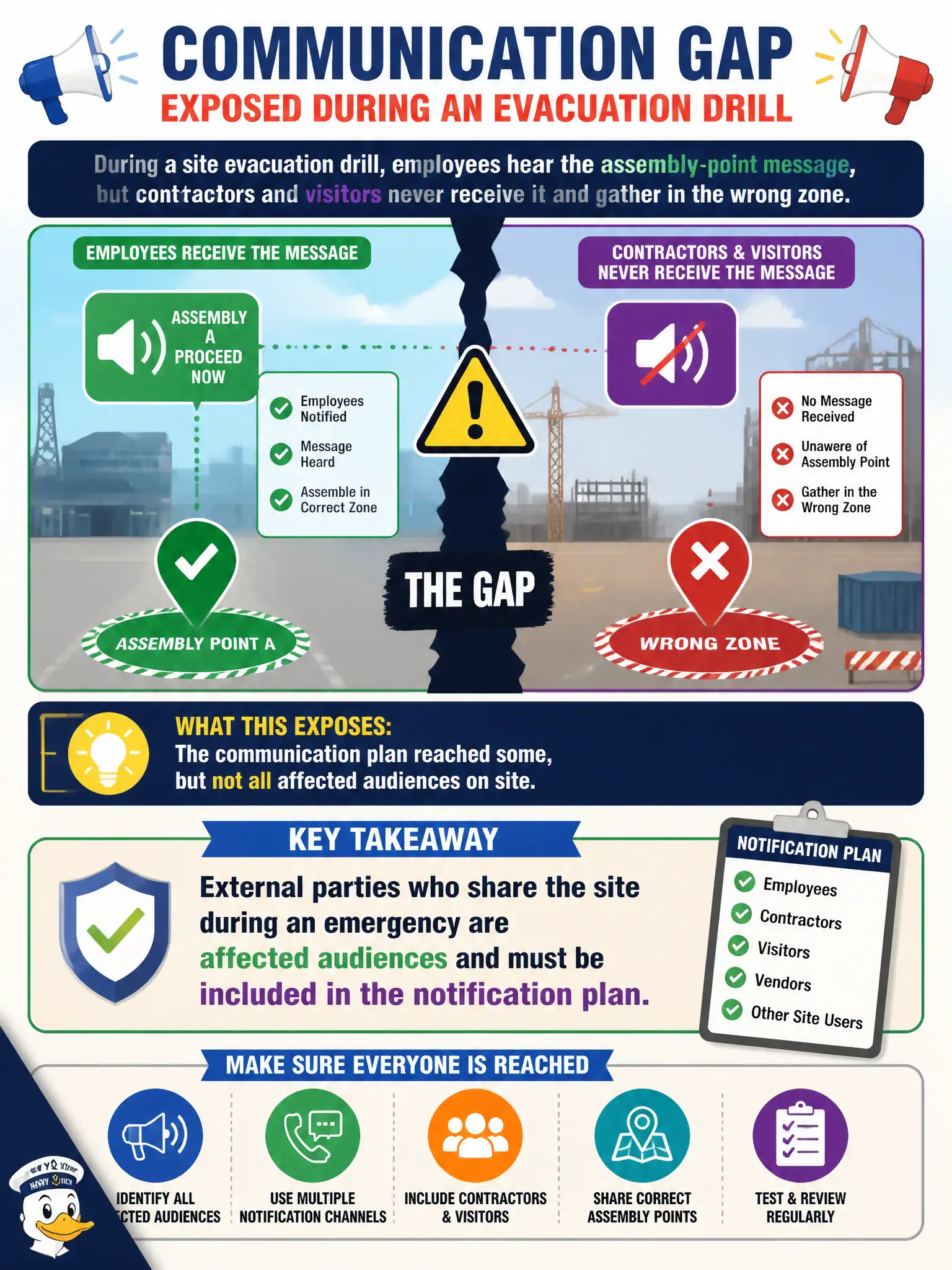 To Create an exciting colorful infographic that explains the concepts in the question: Question: During a site evacuation drill, employees hear the assembly-point message, but contractors and visitors never receive it and gather in the wrong zone. What communication gap does this expose? Correct Answer: External parties who share the site during an emergency are affected audiences and must be included in the notification plan Put EVERY visible label in double quotes. No people. No A/B/C/D letters. In one of the four corners put a little "Navy Duck".