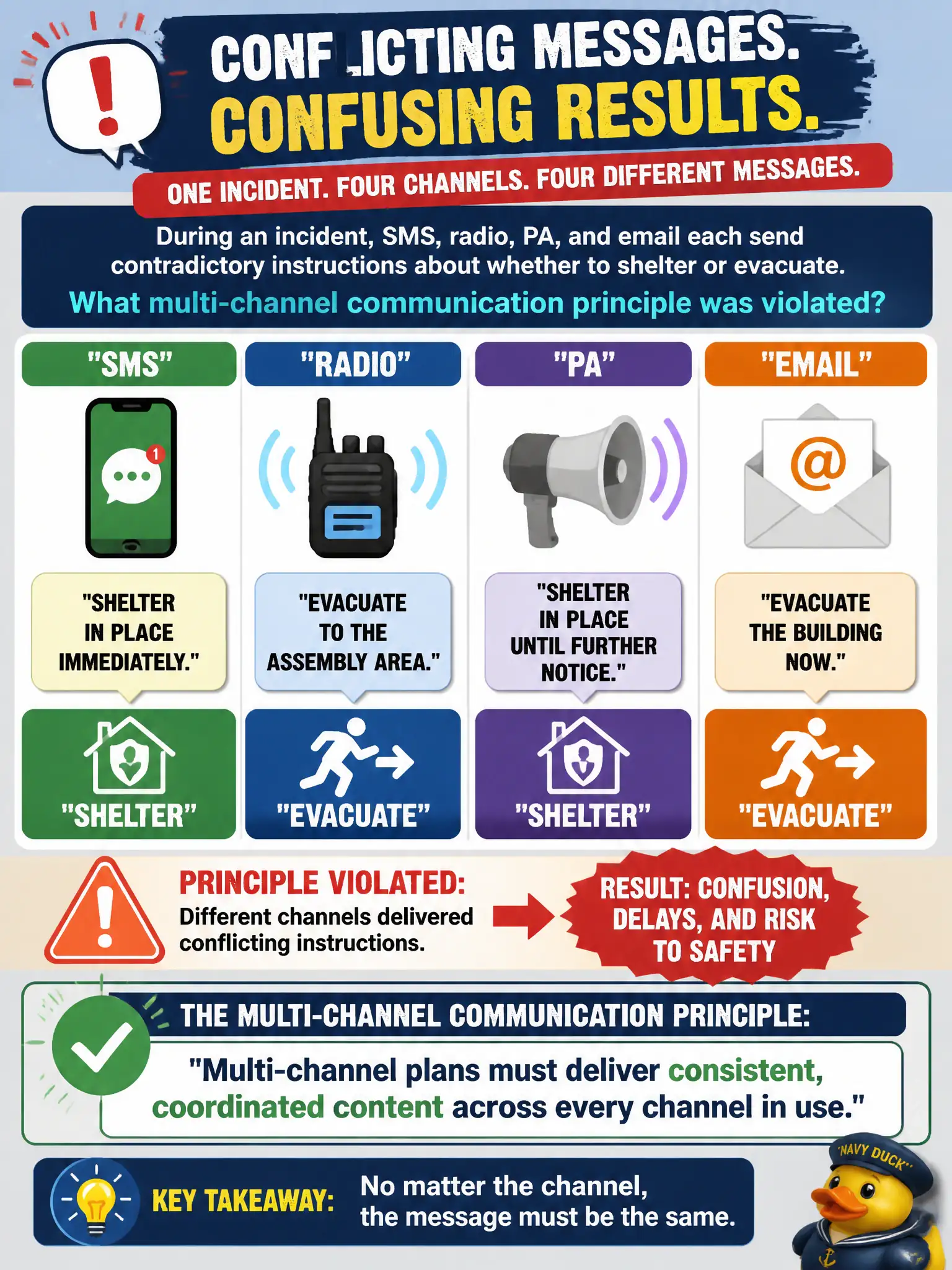 To Create an exciting colorful infographic that explains the concepts in the question: Question: During an incident, SMS, radio, PA, and email each send contradictory instructions about whether to shelter or evacuate. What multi-channel communication principle was violated? Correct Answer: Multi-channel plans must deliver consistent, coordinated content across every channel in use Put EVERY visible label in double quotes. No people. No A/B/C/D letters. In one of the four corners put a little "Navy Duck".