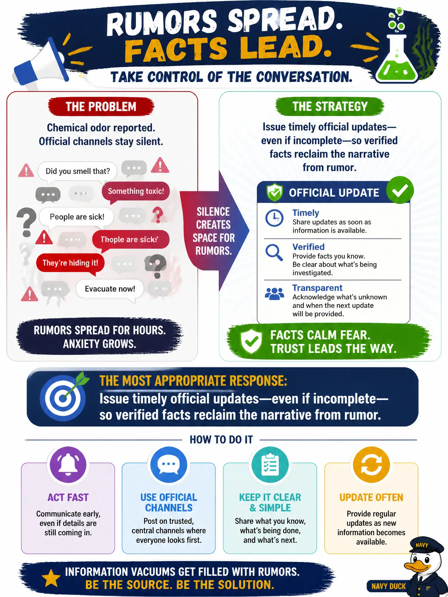 To Create an exciting colorful infographic that explains the concepts in the question: Question: Rumors spread for hours on employee chat while official channels stay silent after a chemical odor event. What communication strategy response is most appropriate? Correct Answer: Issue timely official updates—even if incomplete—so verified facts reclaim the narrative from rumor Put EVERY visible label in double quotes. No people. No A/B/C/D letters. In one of the four corners put a little "Navy Duck".