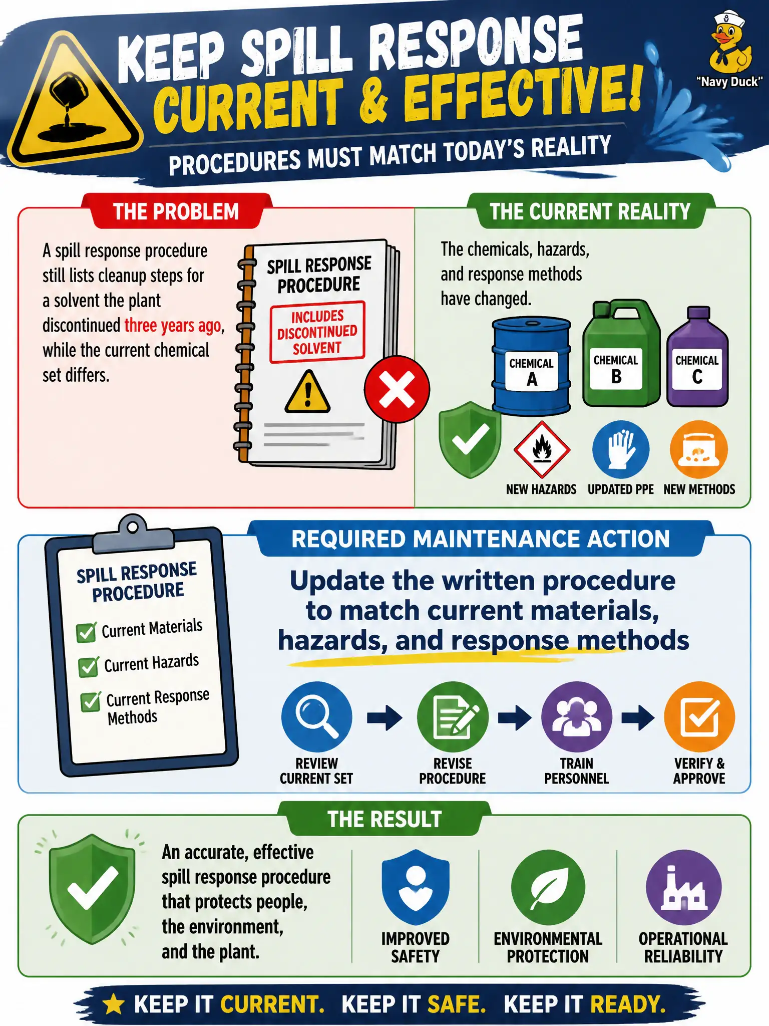 To Create an exciting colorful infographic that explains the concepts in the question: Question: A spill response procedure still lists cleanup steps for a solvent the plant discontinued three years ago, while the current chemical set differs. What maintenance action is required? Correct Answer: Update the written procedure to match current materials, hazards, and response methods Put EVERY visible label in double quotes. No people. No A/B/C/D letters. In one of the four corners put a little "Navy Duck".