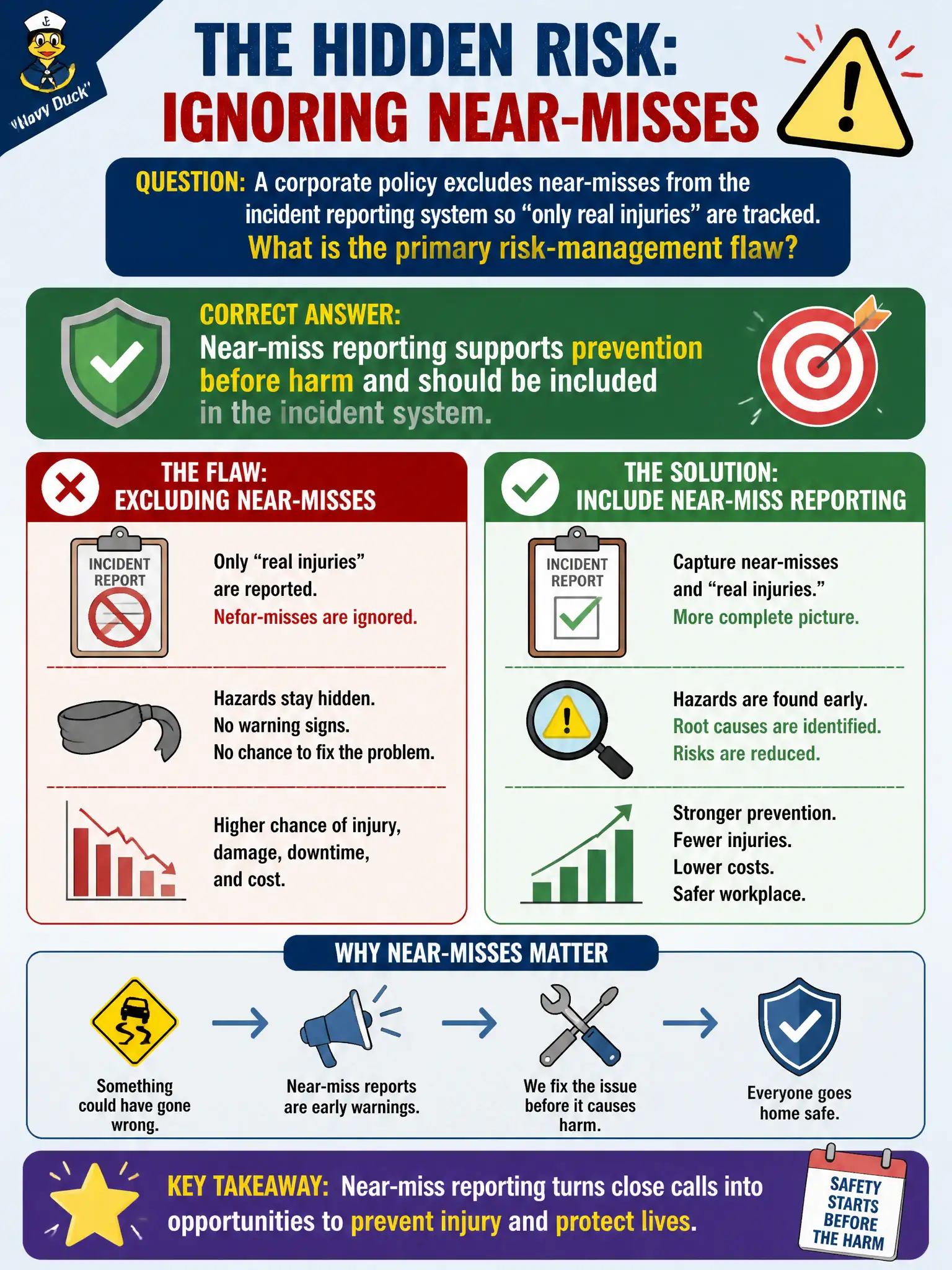 To Create an exciting colorful infographic that explains the concepts in the question: Question: A corporate policy excludes near-misses from the incident reporting system so “only real injuries” are tracked. What is the primary risk-management flaw? Correct Answer: Near-miss reporting supports prevention before harm and should be included in the incident system Put EVERY visible label in double quotes. No people. No A/B/C/D letters. In one of the four corners put a little "Navy Duck".