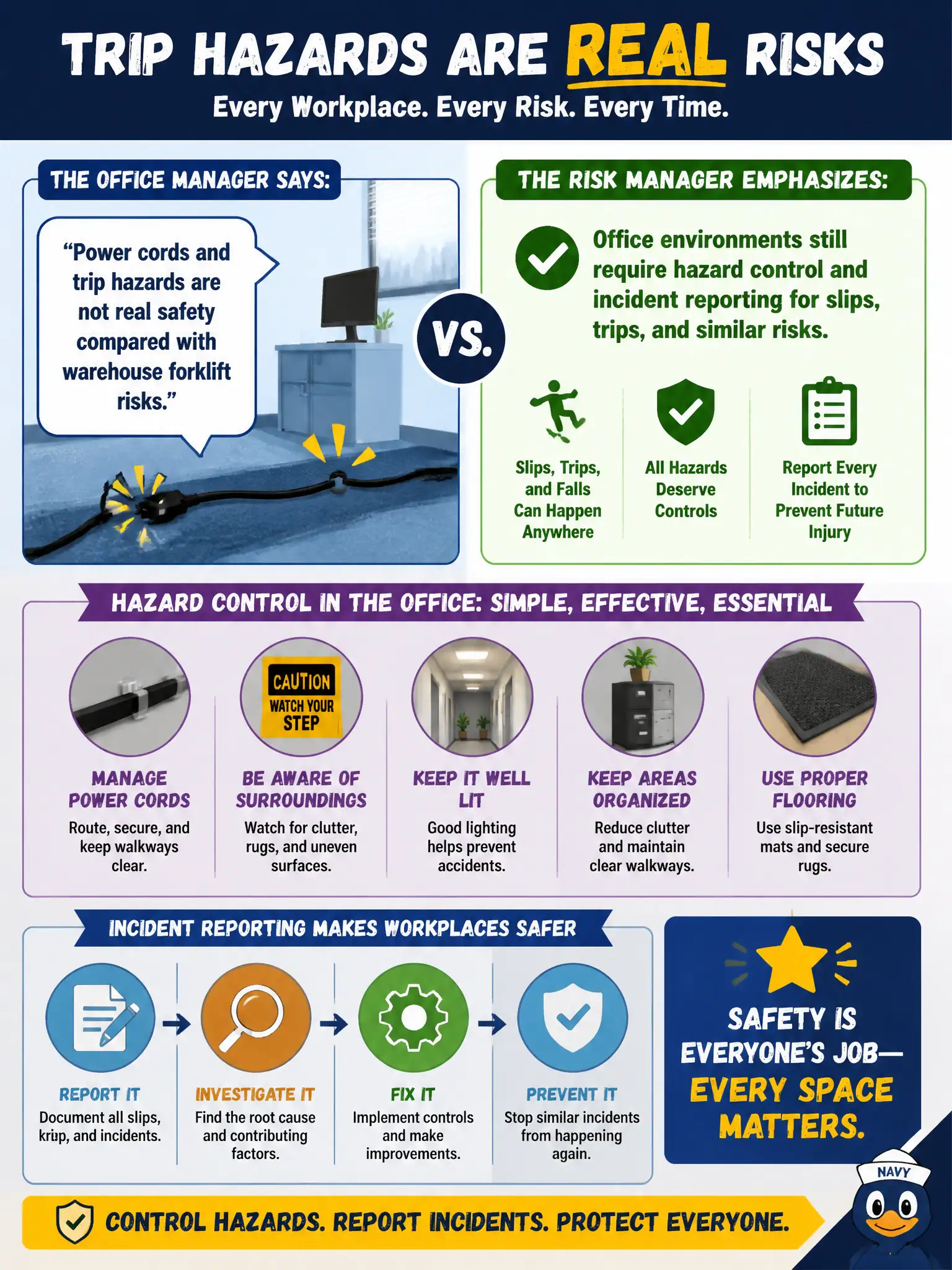 To Create an exciting colorful infographic that explains the concepts in the question: Question: An office manager dismisses trip hazards from power cords as “not real safety” compared with warehouse forklift risks. What should the risk manager emphasize? Correct Answer: Office environments still require hazard control and incident reporting for slips, trips, and similar risks Put EVERY visible label in double quotes. No people. No A/B/C/D letters. In one of the four corners put a little "Navy Duck".