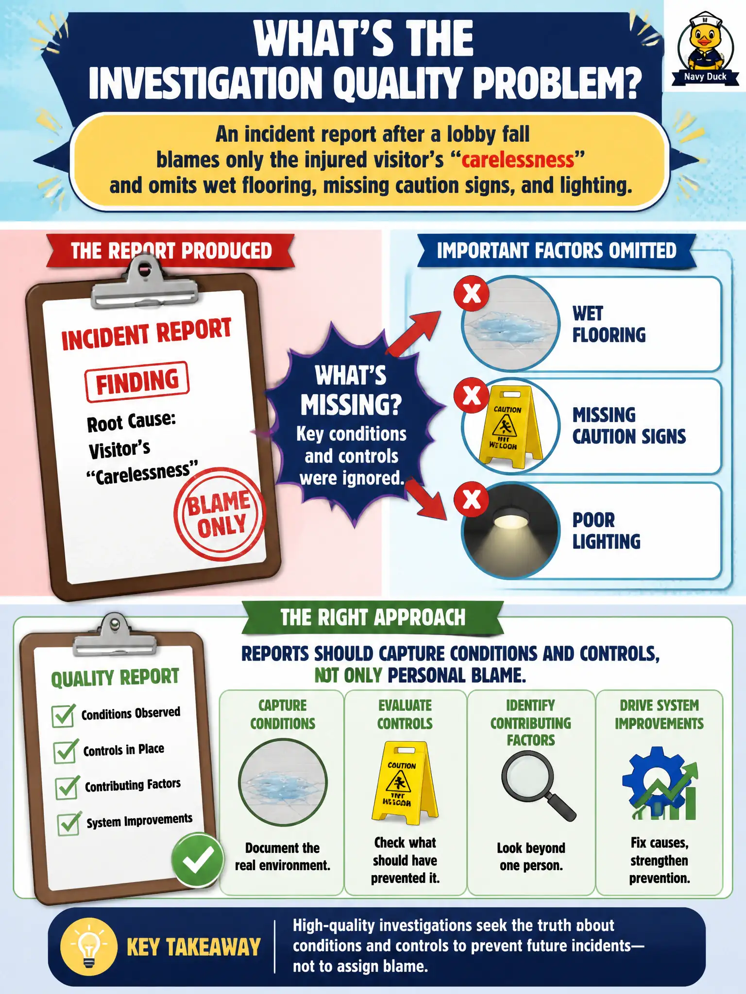 To Create an exciting colorful infographic that explains the concepts in the question: Question: An incident report after a lobby fall blames only the injured visitor’s “carelessness” and omits wet flooring, missing caution signs, and lighting. What investigation quality problem does this illustrate? Correct Answer: Reports should capture conditions and controls, not only personal blame Put EVERY visible label in double quotes. No people. No A/B/C/D letters. In one of the four corners put a little "Navy Duck".