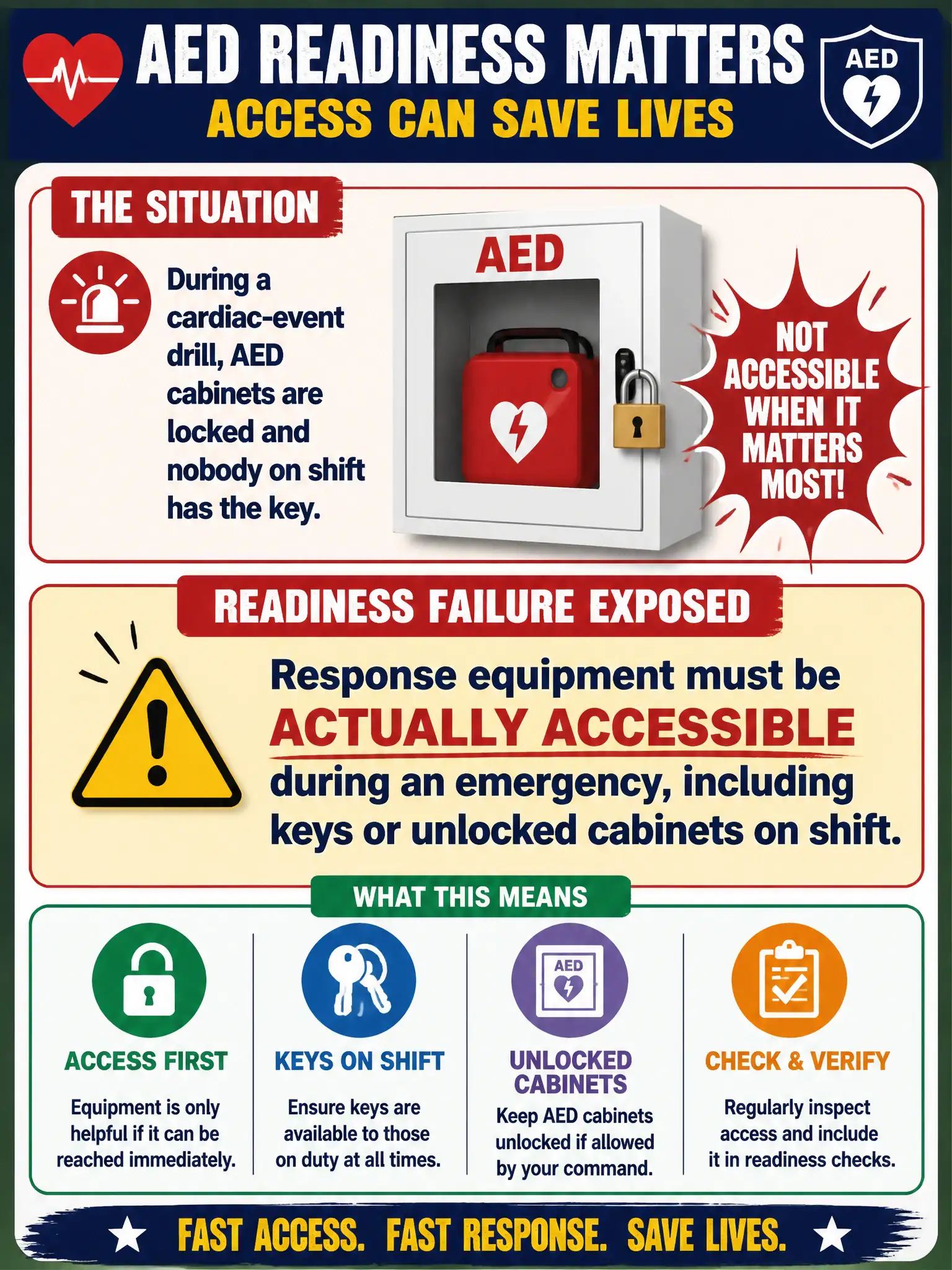 To Create an exciting colorful infographic that explains the concepts in the question: Question: During a cardiac-event drill, AED cabinets are locked and nobody on shift has the key. What readiness failure does this expose? Correct Answer: Response equipment must be actually accessible during an emergency, including keys or unlocked cabinets on shift Put EVERY visible label in double quotes. No people. No A/B/C/D letters. In one of the four corners put a little "Navy Duck".