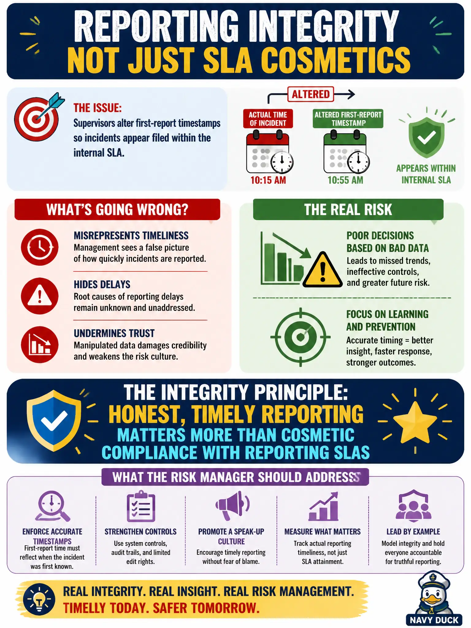 To Create an exciting colorful infographic that explains the concepts in the question: Question: Supervisors alter first-report timestamps so incidents appear filed within the internal SLA. What reporting integrity issue should the risk manager address? Correct Answer: Honest, timely reporting matters more than cosmetic compliance with reporting SLAs Put EVERY visible label in double quotes. No people. No A/B/C/D letters. In one of the four corners put a little "Navy Duck".