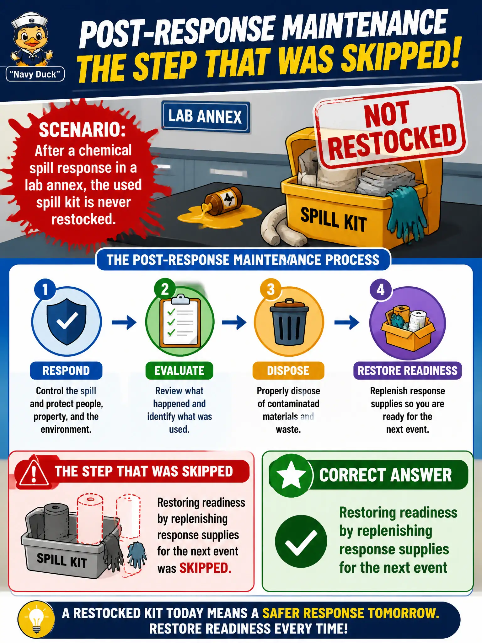 To Create an exciting colorful infographic that explains the concepts in the question: Question: After a chemical spill response in a lab annex, the used spill kit is never restocked. What post-response maintenance step was skipped? Correct Answer: Restoring readiness by replenishing response supplies for the next event Put EVERY visible label in double quotes. No people. No A/B/C/D letters. In one of the four corners put a little "Navy Duck".