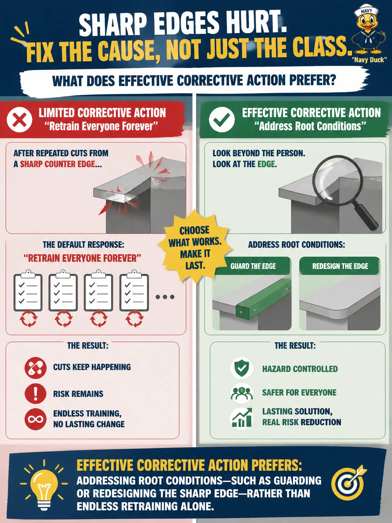 To Create an exciting colorful infographic that explains the concepts in the question: Question: After repeated cuts from a sharp counter edge, corrective action is limited to “retrain everyone forever,” with no engineering look at the edge itself. What does effective corrective action prefer? Correct Answer: Addressing root conditions—such as guarding or redesigning the sharp edge—rather than endless retraining alone Put EVERY visible label in double quotes. No people. No A/B/C/D letters. In one of the four corners put a little "Navy Duck".