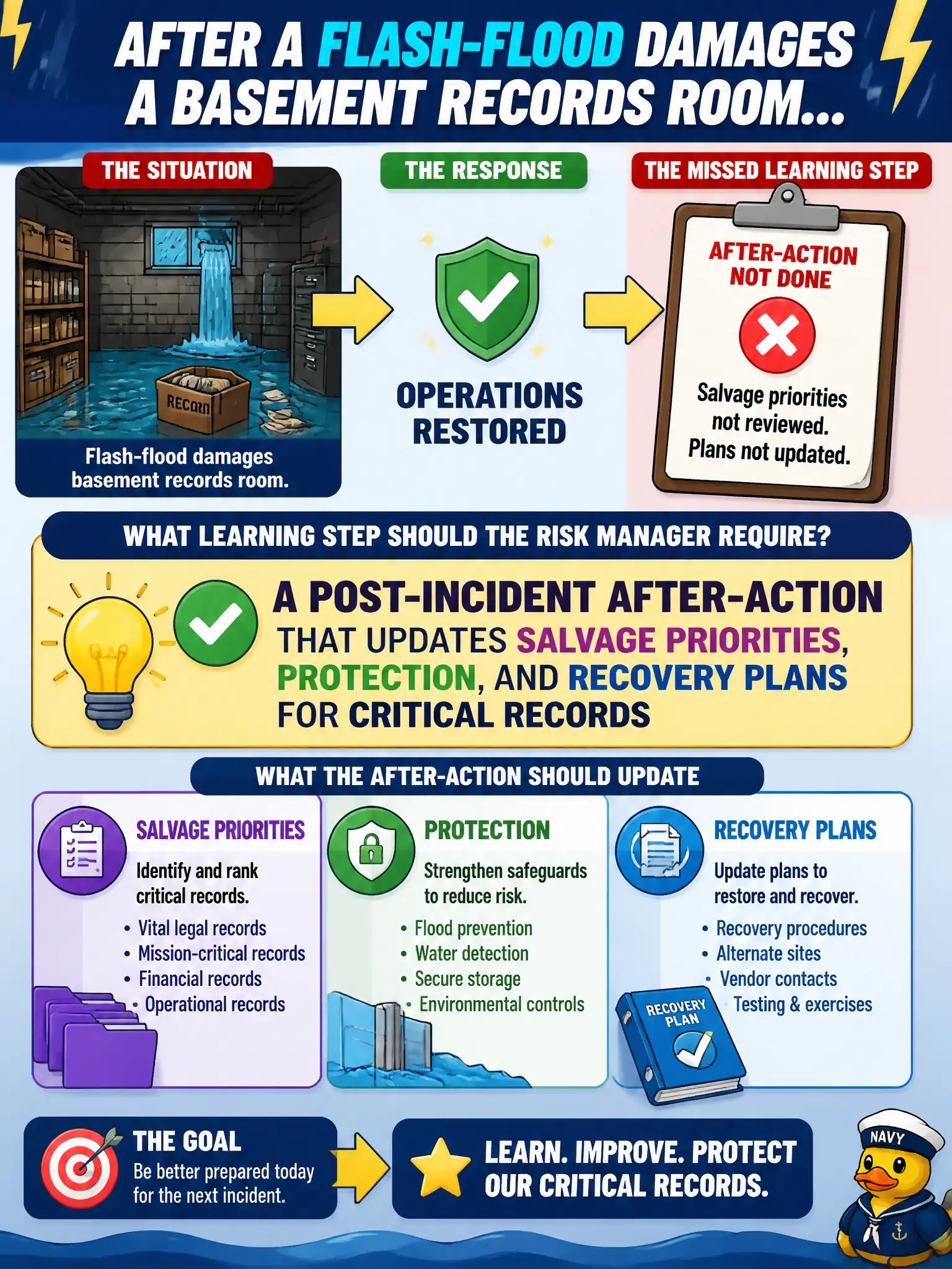 To Create an exciting colorful infographic that explains the concepts in the question: Question: After a flash-flood damages a basement records room, the organization restores operations but skips an after-action on salvage priorities. What learning step should the risk manager require? Correct Answer: A post-incident after-action that updates salvage priorities, protection, and recovery plans for critical records Put EVERY visible label in double quotes. No people. No A/B/C/D letters. In one of the four corners put a little "Navy Duck".