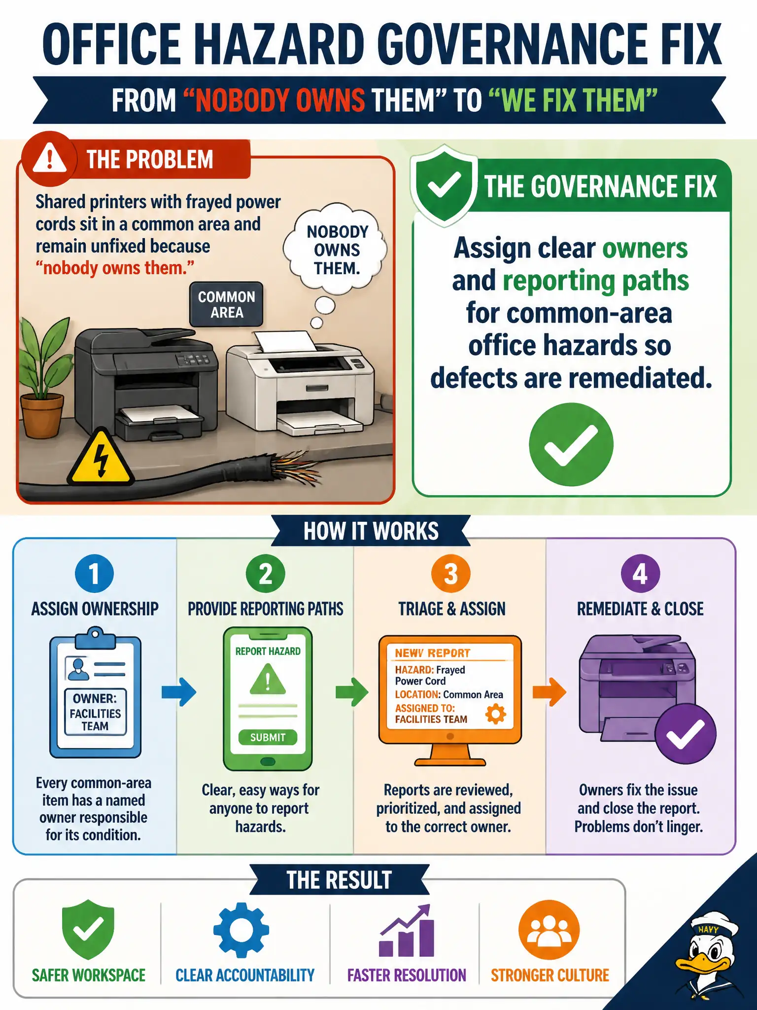 To Create an exciting colorful infographic that explains the concepts in the question: Question: Shared printers with frayed power cords sit in a common area and remain unfixed because “nobody owns them.” What office-hazard governance fix is needed? Correct Answer: Assign clear owners and reporting paths for common-area office hazards so defects are remediated Put EVERY visible label in double quotes. No people. No A/B/C/D letters. In one of the four corners put a little "Navy Duck".