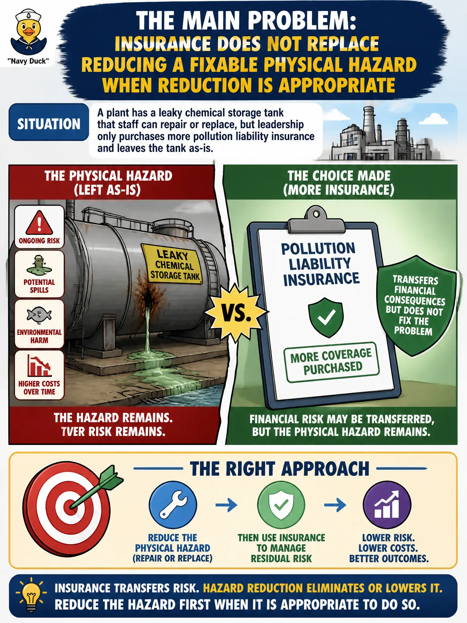 To Create an exciting colorful infographic that explains the concepts in the question: Question: A plant has a leaky chemical storage tank that staff can repair or replace, but leadership only purchases more pollution liability insurance and leaves the tank as-is. What is the main problem with that approach? Correct Answer: Transfer through insurance does not replace reducing a fixable physical hazard when reduction is appropriate Put EVERY visible label in double quotes. No people. No A/B/C/D letters. In one of the four corners put a little "Navy Duck".