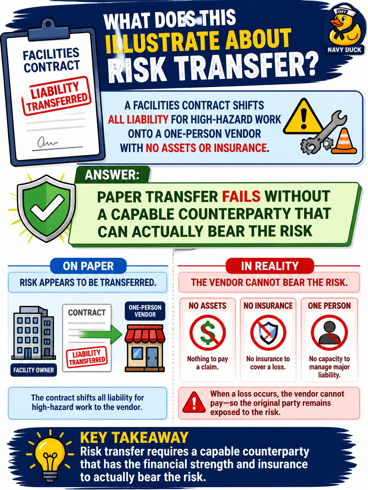 To Create an exciting colorful infographic that explains the concepts in the question: Question: A facilities contract shifts all liability for high-hazard work onto a one-person vendor with no assets or insurance. What does this illustrate about risk transfer? Correct Answer: Paper transfer fails without a capable counterparty that can actually bear the risk Put EVERY visible label in double quotes. No people. No A/B/C/D letters. In one of the four corners put a little "Navy Duck".