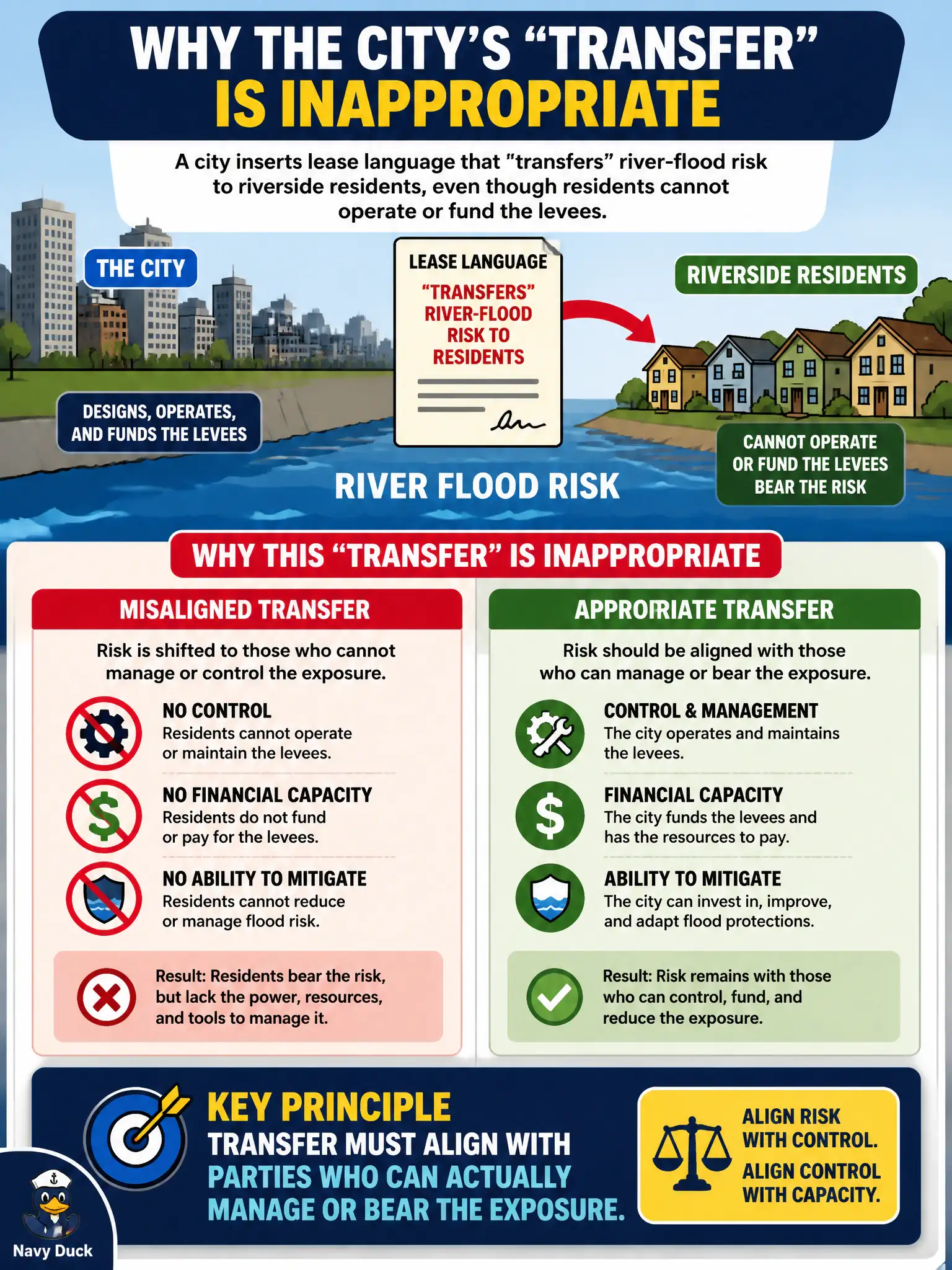 To Create an exciting colorful infographic that explains the concepts in the question: Question: A city inserts lease language that "transfers" river-flood risk to riverside residents, even though residents cannot operate or fund the levees. Why is this transfer inappropriate? Correct Answer: Transfer must align with parties who can actually manage or bear the exposure Put EVERY visible label in double quotes. No people. No A/B/C/D letters. In one of the four corners put a little "Navy Duck".