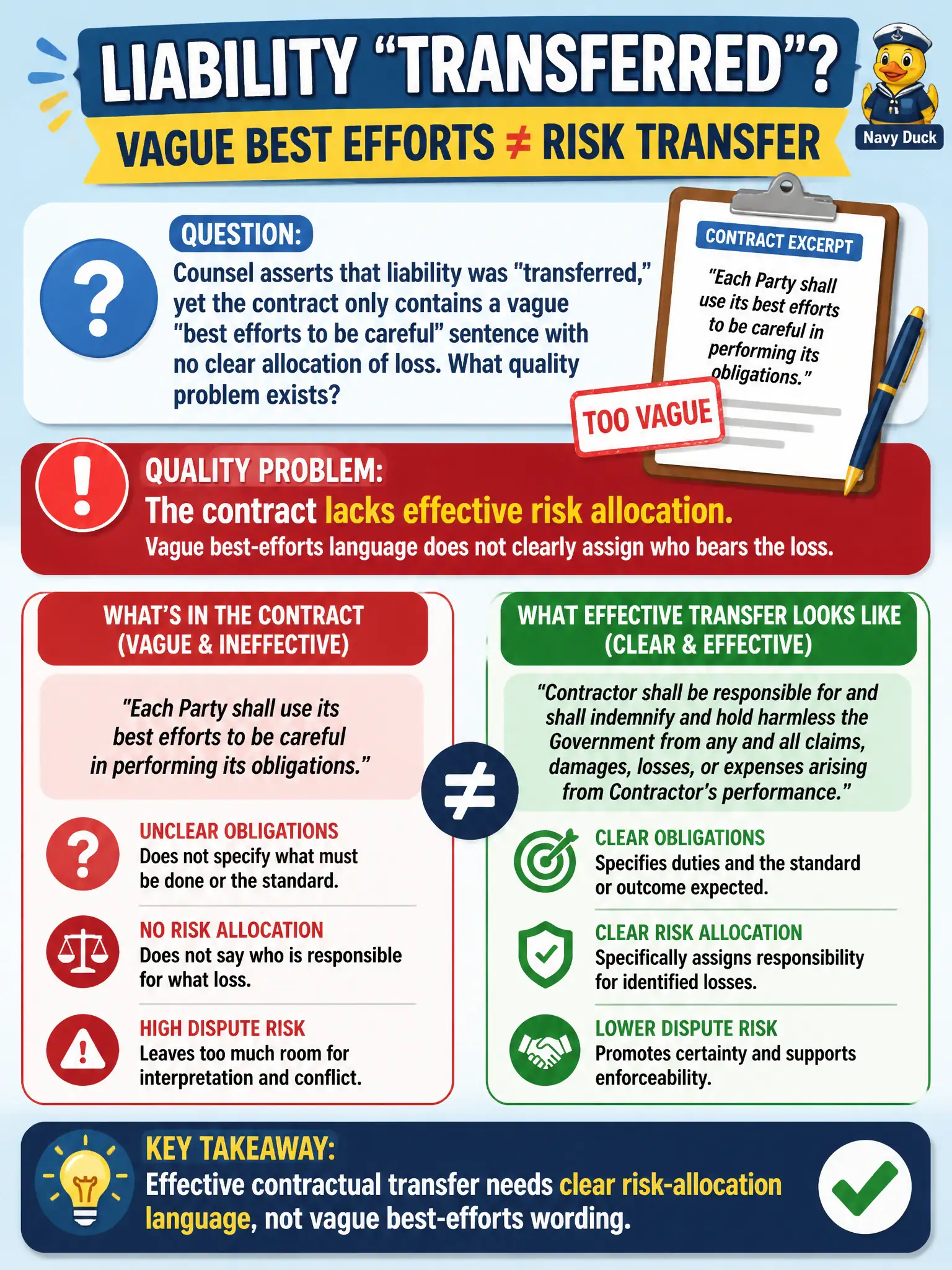 To Create an exciting colorful infographic that explains the concepts in the question: Question: Counsel asserts that liability was "transferred," yet the contract only contains a vague "best efforts to be careful" sentence with no clear allocation of loss. What quality problem exists? Correct Answer: Effective contractual transfer needs clear risk-allocation language, not vague best-efforts wording Put EVERY visible label in double quotes. No people. No A/B/C/D letters. In one of the four corners put a little "Navy Duck".