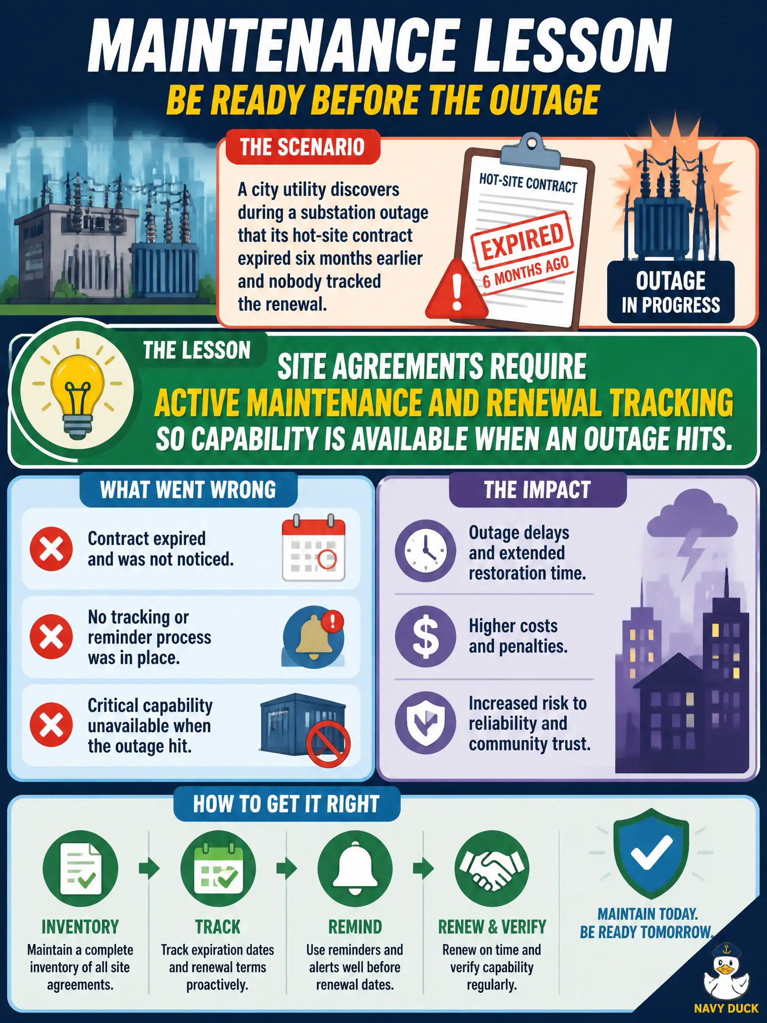 To Create an exciting colorful infographic that explains the concepts in the question: Question: A city utility discovers during a substation outage that its hot-site contract expired six months earlier and nobody tracked the renewal. What maintenance lesson should leadership take from the lapse? Correct Answer: Site agreements require active maintenance and renewal tracking so capability is available when an outage hits. Put EVERY visible label in double quotes. No people. No A/B/C/D letters. In one of the four corners put a little "Navy Duck".