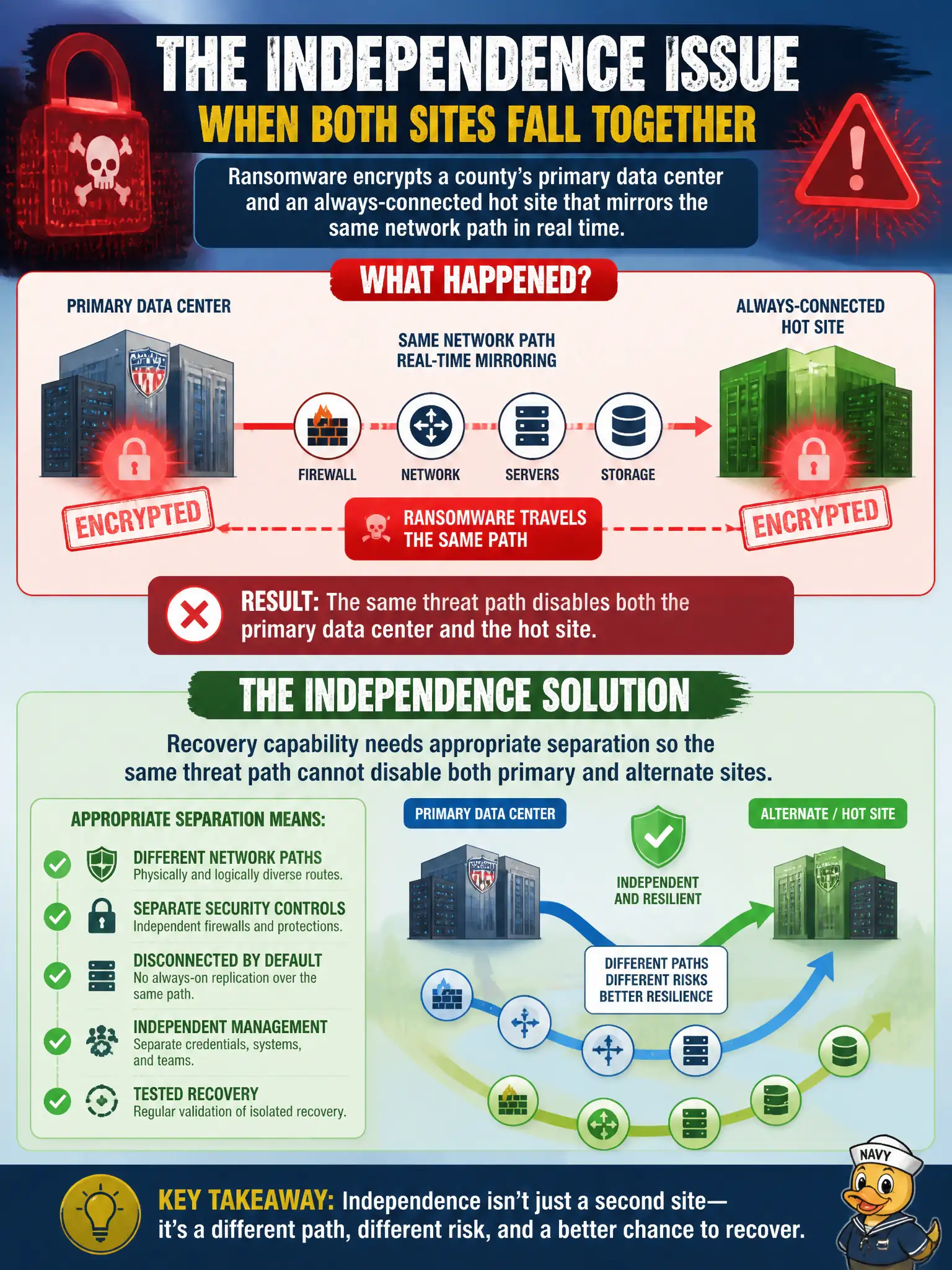 To Create an exciting colorful infographic that explains the concepts in the question: Question: Ransomware encrypts a county’s primary data center and an always-connected hot site that mirrors the same network path in real time. What independence issue does this expose? Correct Answer: Recovery capability needs appropriate separation so the same threat path cannot disable both primary and alternate sites. Put EVERY visible label in double quotes. No people. No A/B/C/D letters. In one of the four corners put a little "Navy Duck".