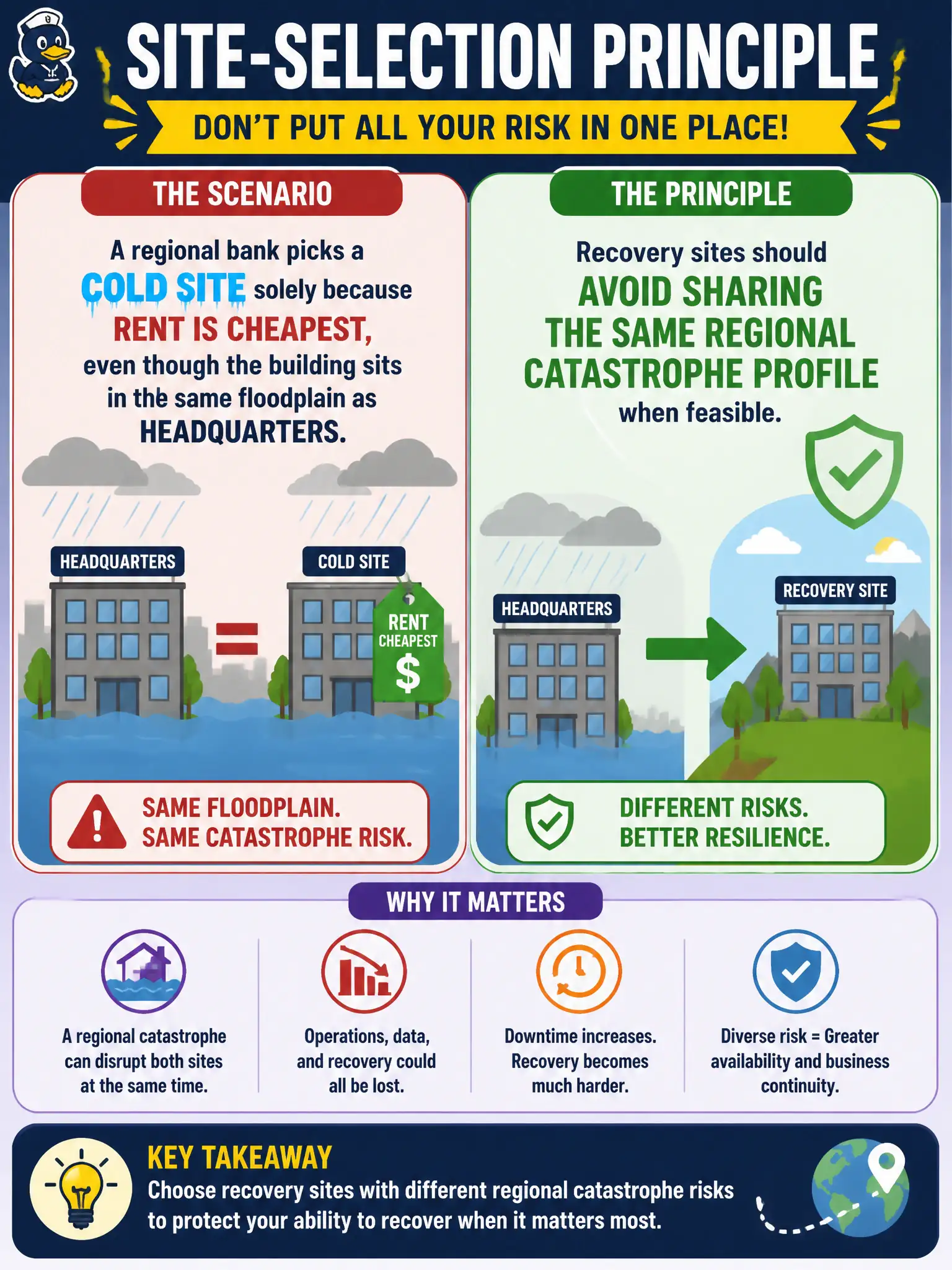 To Create an exciting colorful infographic that explains the concepts in the question: Question: A regional bank picks a cold site solely because rent is cheapest, even though the building sits in the same floodplain as headquarters. What site-selection principle is violated? Correct Answer: Recovery sites should avoid sharing the same regional catastrophe profile when feasible. Put EVERY visible label in double quotes. No people. No A/B/C/D letters. In one of the four corners put a little "Navy Duck".