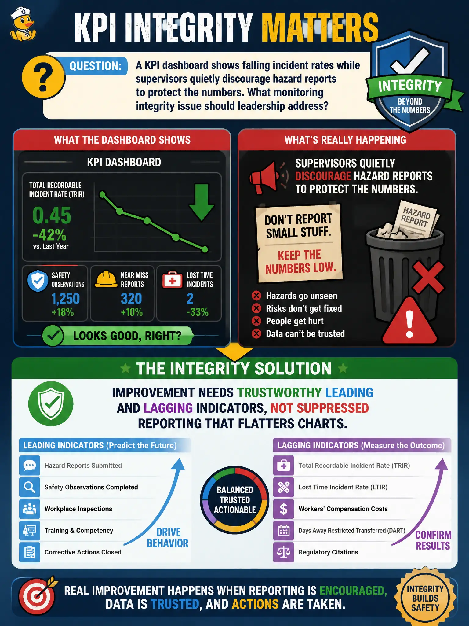 To Create an exciting colorful infographic that explains the concepts in the question: Question: A KPI dashboard shows falling incident rates while supervisors quietly discourage hazard reports to protect the numbers. What monitoring integrity issue should leadership address? Correct Answer: Improvement needs trustworthy leading and lagging indicators, not suppressed reporting that flatters charts. Put EVERY visible label in double quotes. No people. No A/B/C/D letters. In one of the four corners put a little "Navy Duck".