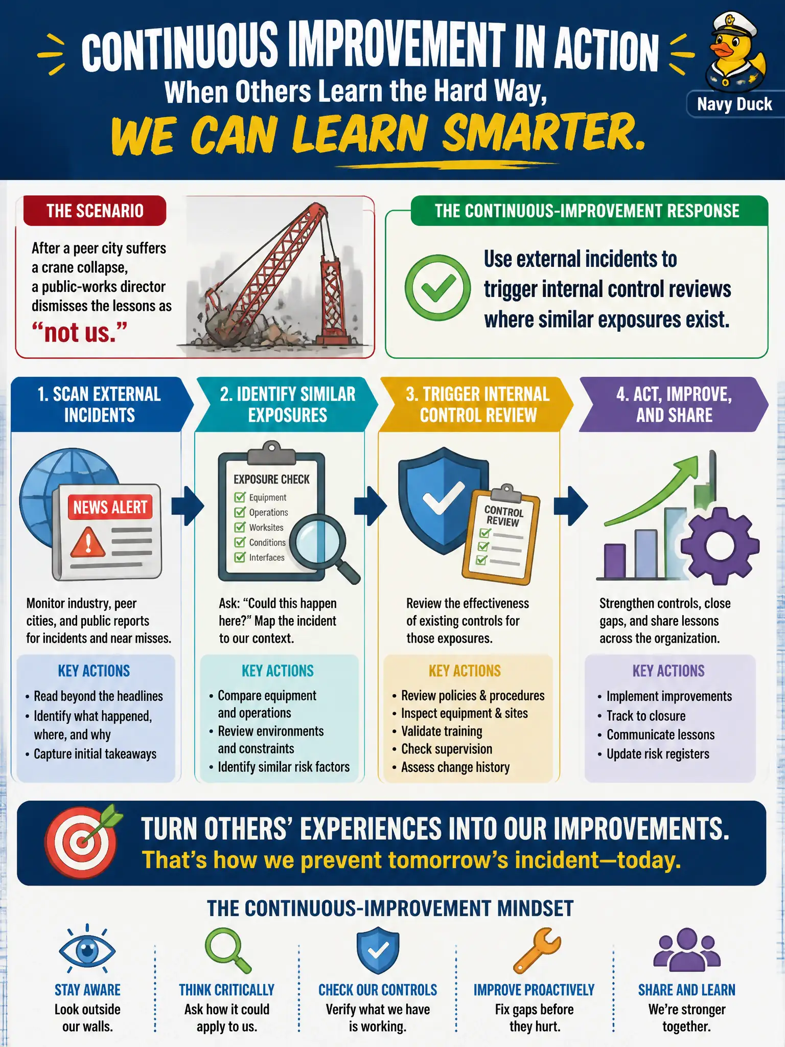 To Create an exciting colorful infographic that explains the concepts in the question: Question: After a peer city suffers a crane collapse, a public-works director dismisses the lessons as “not us.” What continuous-improvement response is more appropriate? Correct Answer: Use external incidents to trigger internal control reviews where similar exposures exist. Put EVERY visible label in double quotes. No people. No A/B/C/D letters. In one of the four corners put a little "Navy Duck".