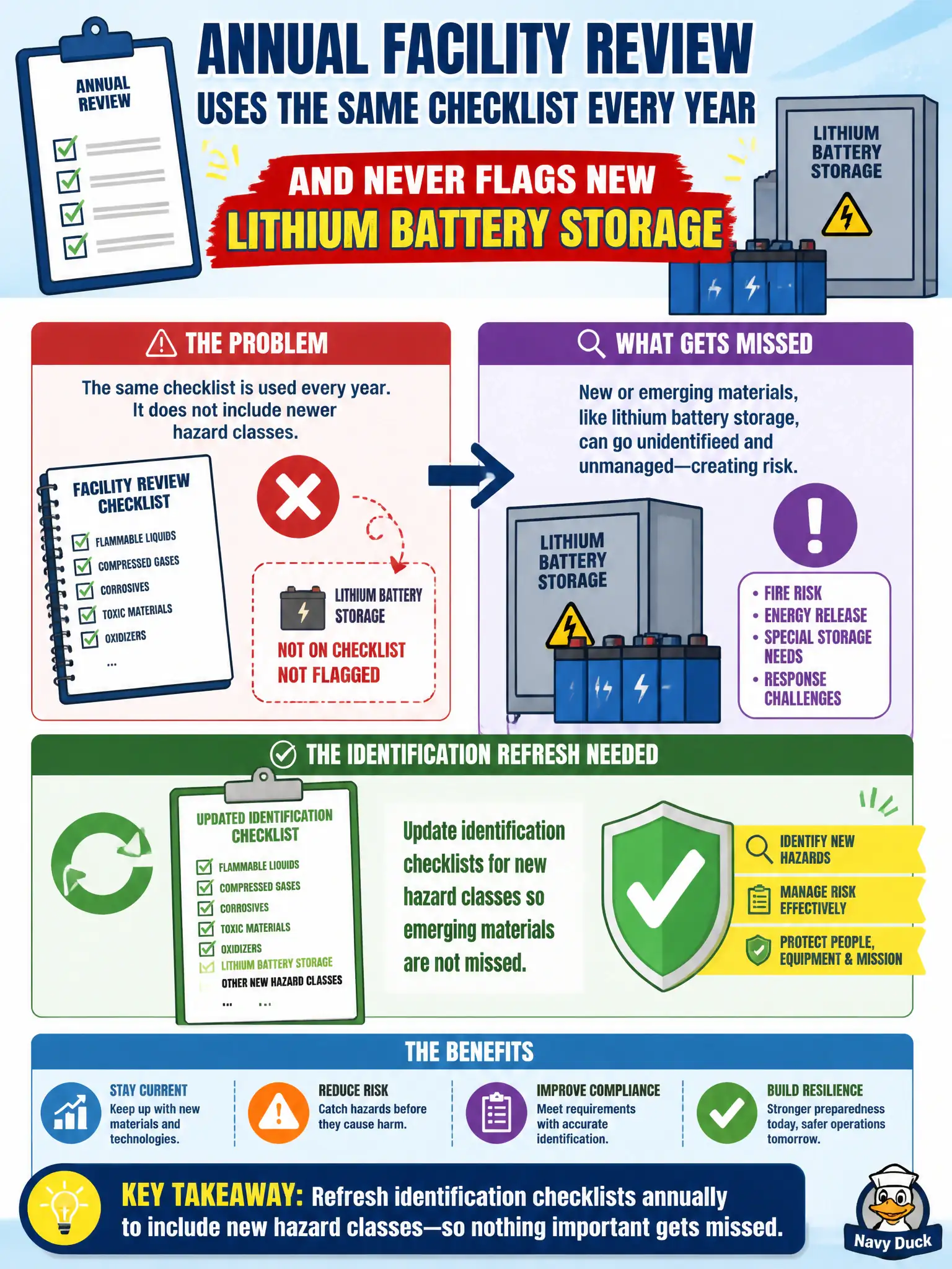 To Create an exciting colorful infographic that explains the concepts in the question: Question: An annual facility review uses the same checklist every year and never flags new lithium battery storage. What identification refresh is needed? Correct Answer: Update identification checklists for new hazard classes so emerging materials are not missed. Put EVERY visible label in double quotes. No people. No A/B/C/D letters. In one of the four corners put a little "Navy Duck".