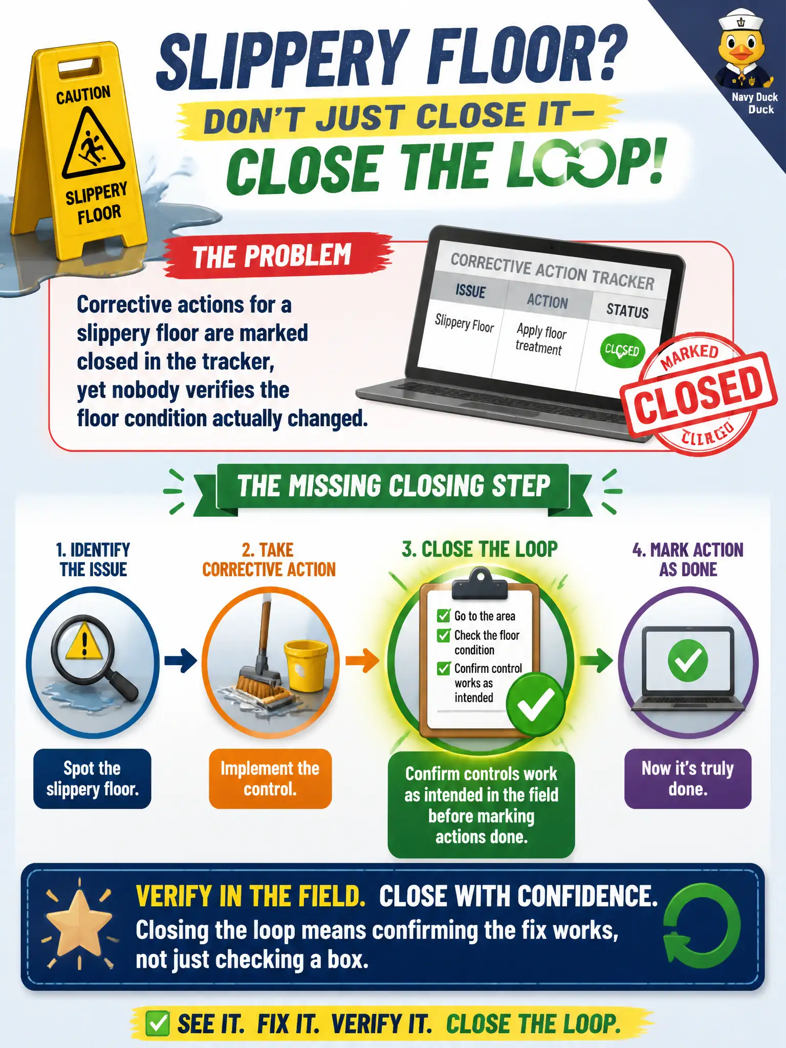 To Create an exciting colorful infographic that explains the concepts in the question: Question: Corrective actions for a slippery floor are marked closed in the tracker, yet nobody verifies the floor condition actually changed. What closing step is missing? Correct Answer: Close the loop by confirming controls work as intended in the field before marking actions done. Put EVERY visible label in double quotes. No people. No A/B/C/D letters. In one of the four corners put a little "Navy Duck".