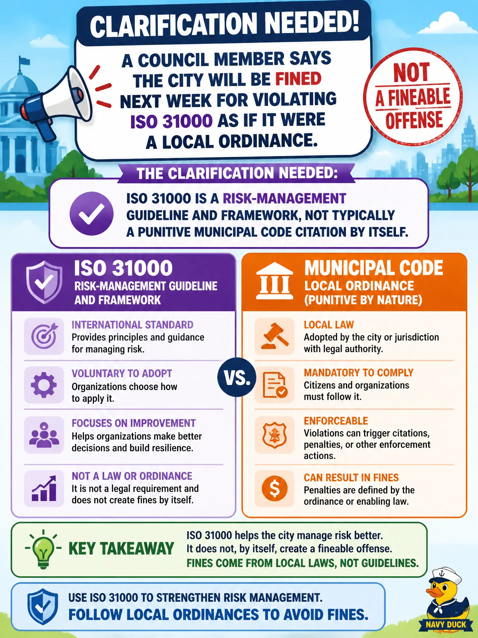 To Create an exciting colorful infographic that explains the concepts in the question: Question: A council member says the city will be fined next week for violating ISO 31000 as if it were a local ordinance. What clarification is needed? Correct Answer: ISO 31000 is a risk-management guideline and framework, not typically a punitive municipal code citation by itself. Put EVERY visible label in double quotes. No people. No A/B/C/D letters. In one of the four corners put a little "Navy Duck".