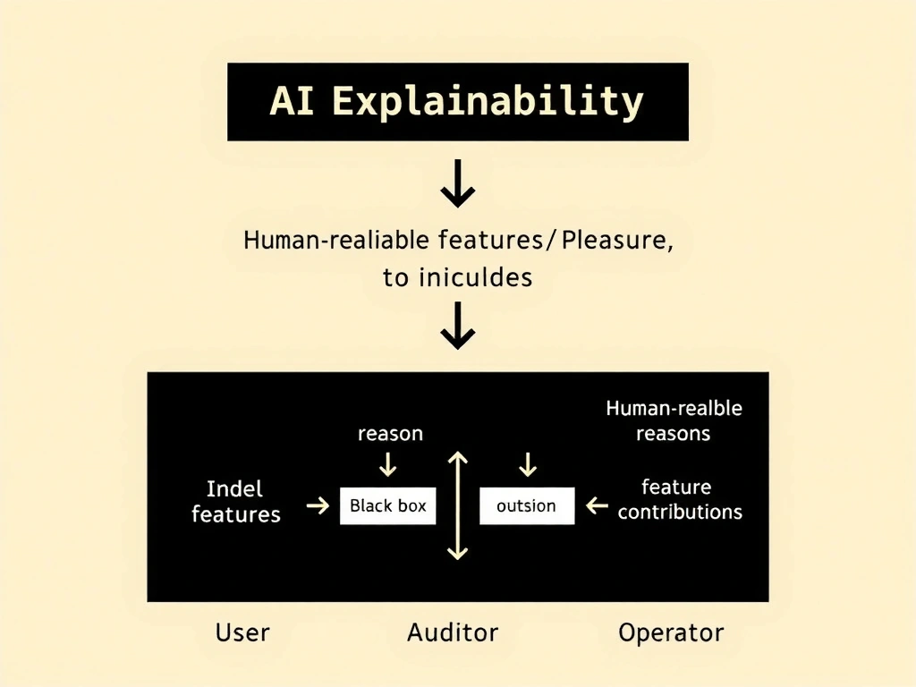 Concept diagram of AI explainability: model input features flowing into a model, output decision, and a side panel of human-readable reasons/feature contributions for auditors; contrast box labeled black box vs explainable pipeline; labels for ethics stakeholders (user, auditor, operator).