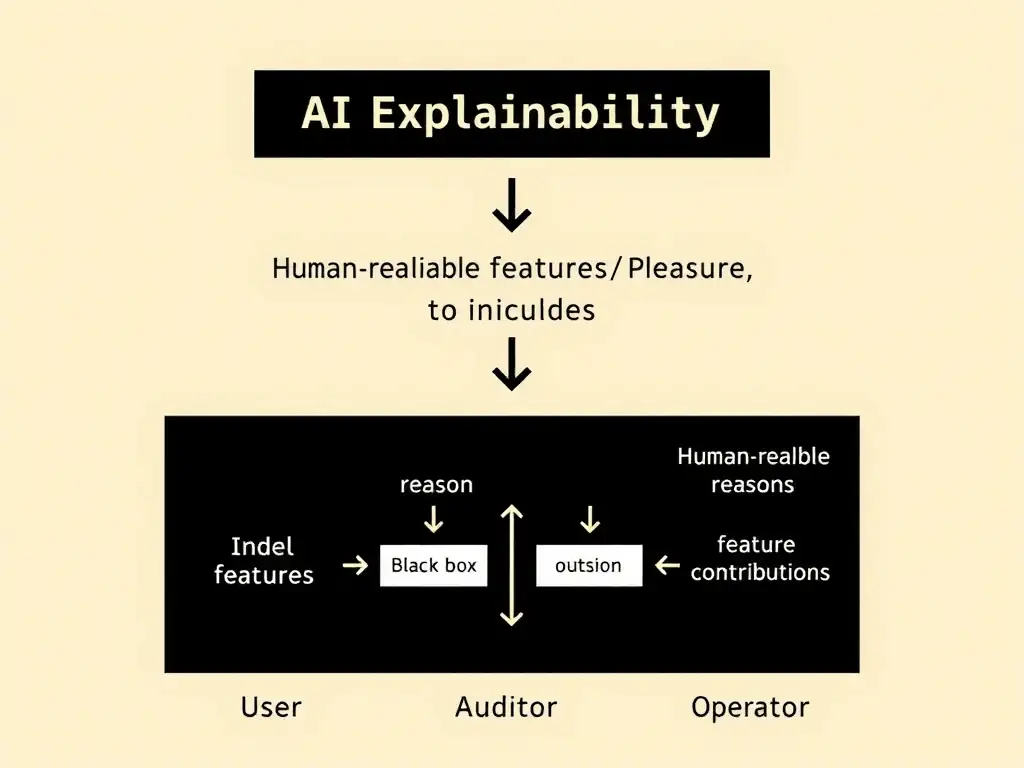 Concept diagram of AI explainability: model input features flowing into a model, output decision, and a side panel of human-readable reasons/feature contributions for auditors; contrast box labeled black box vs explainable pipeline; labels for ethics stakeholders (user, auditor, operator).