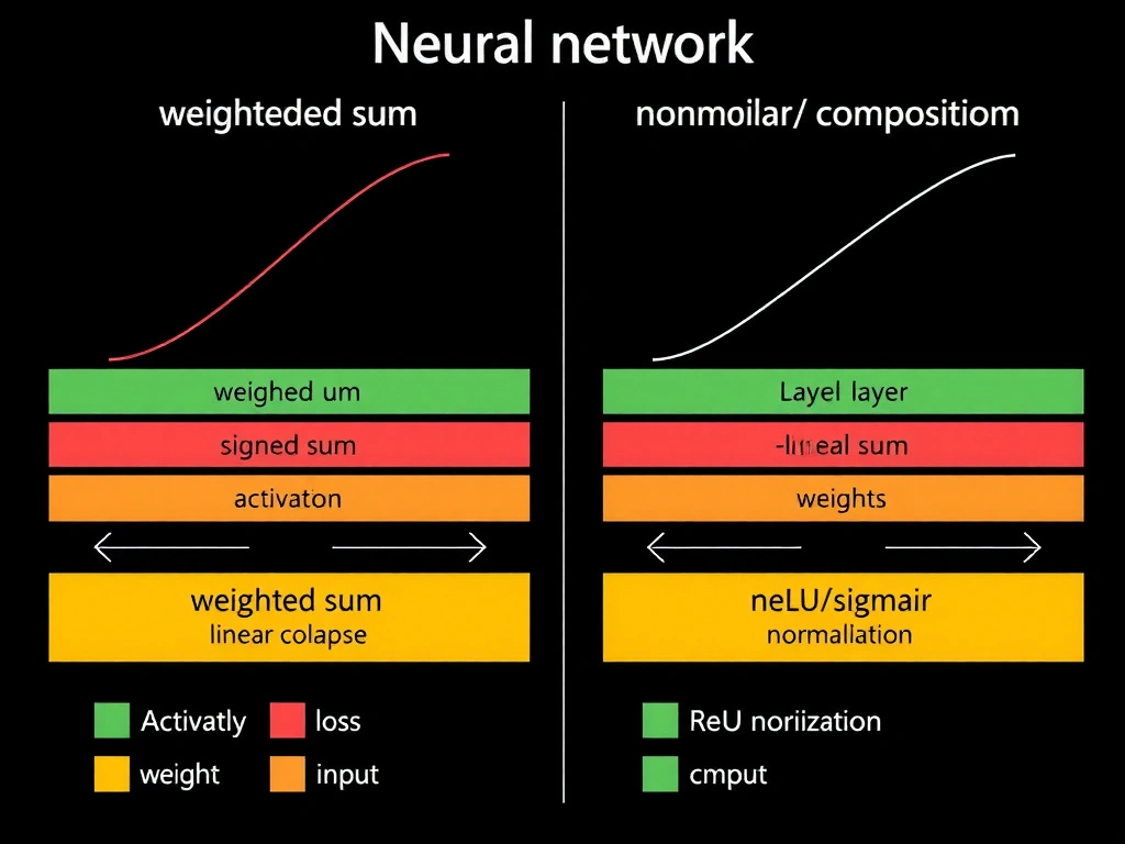 Neural network layer diagram: weighted sum feeding into activation curve (linear vs nonlinear), comparison of multi-layer linear collapse vs nonlinear composition; small icons for ReLU/sigmoid; labels distinguishing activation, loss, weights, and input normalization.