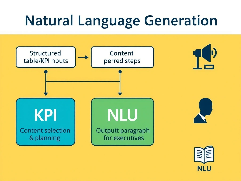 Flowchart of Natural Language Generation: structured table/KPI inputs, content selection and planning steps, output narrative paragraph for executives; adjacent contrast icons for NLU, machine translation, and speech recognition.