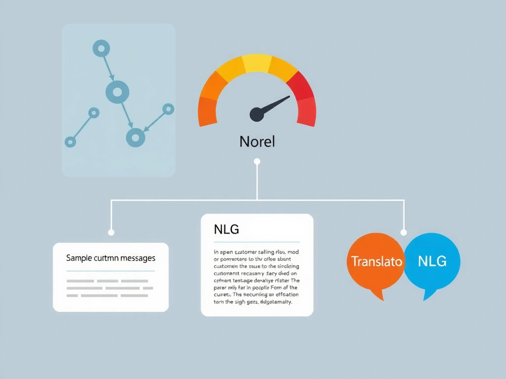 Sentiment analysis concept: sample customer messages flowing into a model, output gauge or labels positive/negative/neutral; small contrast panels for NER (entity tags), NLG (generated paragraph), and translation (two language bubbles).