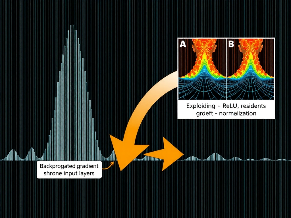 Deep network side view with arrows of backpropagated gradient magnitude shrinking toward input layers; label vanishing gradient; small inset contrasting exploding gradients with large arrows; callouts for mitigations (ReLU, residuals, normalization).