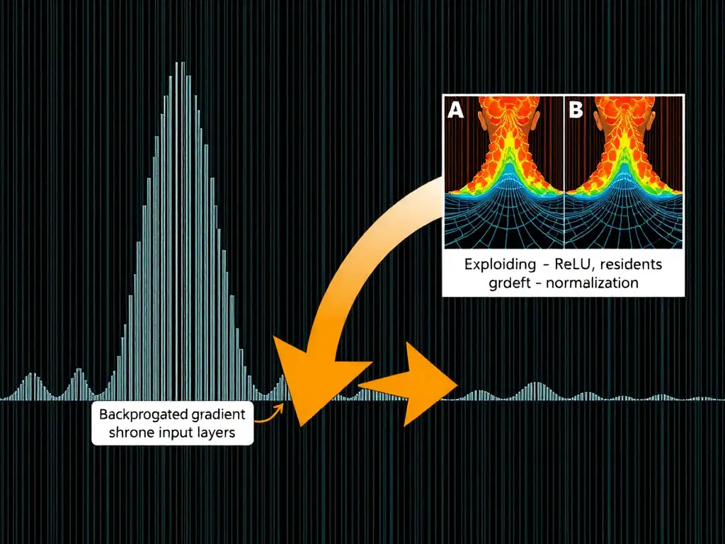 Deep network side view with arrows of backpropagated gradient magnitude shrinking toward input layers; label vanishing gradient; small inset contrasting exploding gradients with large arrows; callouts for mitigations (ReLU, residuals, normalization).