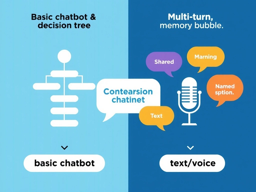 Comparison graphic: basic chatbot as linear decision tree vs conversational AI as multi-turn dialogue with context memory bubble; shared channels text/voice; labels for context, multi-turn, natural language flexibility.