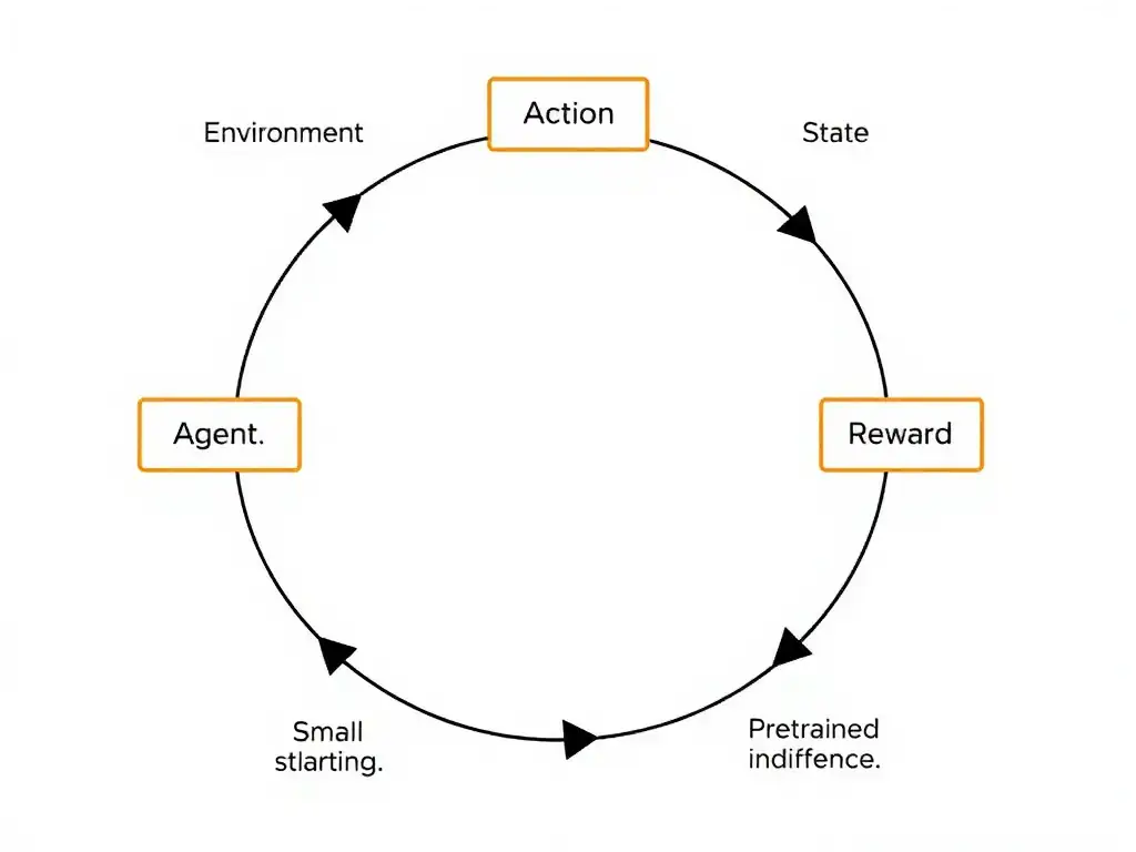 Classic RL loop diagram: agent, action, environment, state, reward arrows; trial-and-error progression; small contrast boxes for supervised labeled pairs and frozen pretrained inference.