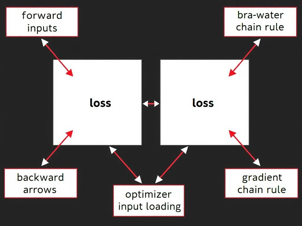 Two-pass neural network diagram: forward arrows from inputs to loss, backward arrows labeled gradients/chain rule to weights; optimizer update step; labels clarifying not visualization and not mere input loading.