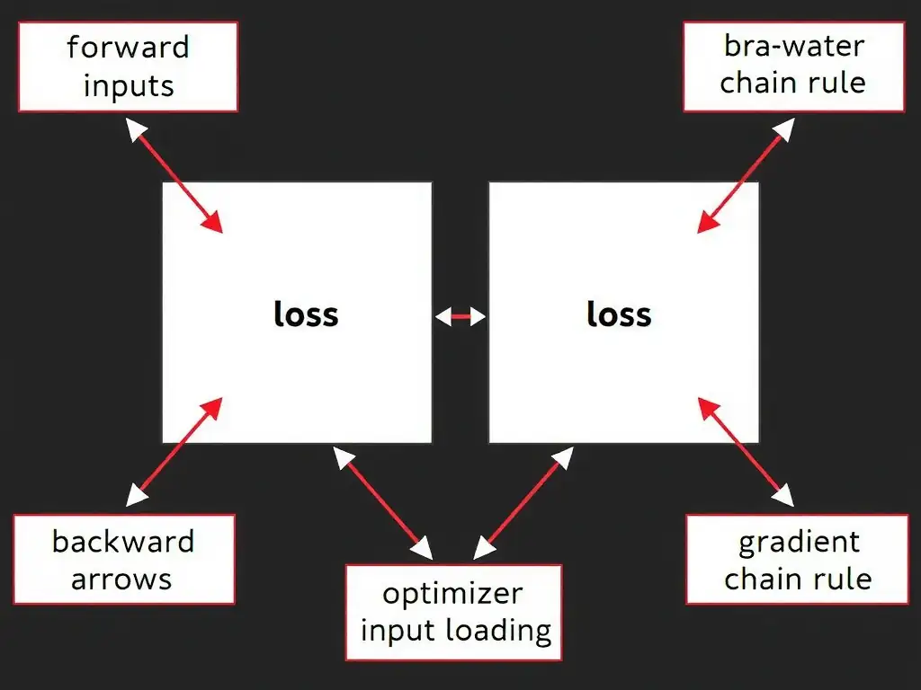 Two-pass neural network diagram: forward arrows from inputs to loss, backward arrows labeled gradients/chain rule to weights; optimizer update step; labels clarifying not visualization and not mere input loading.