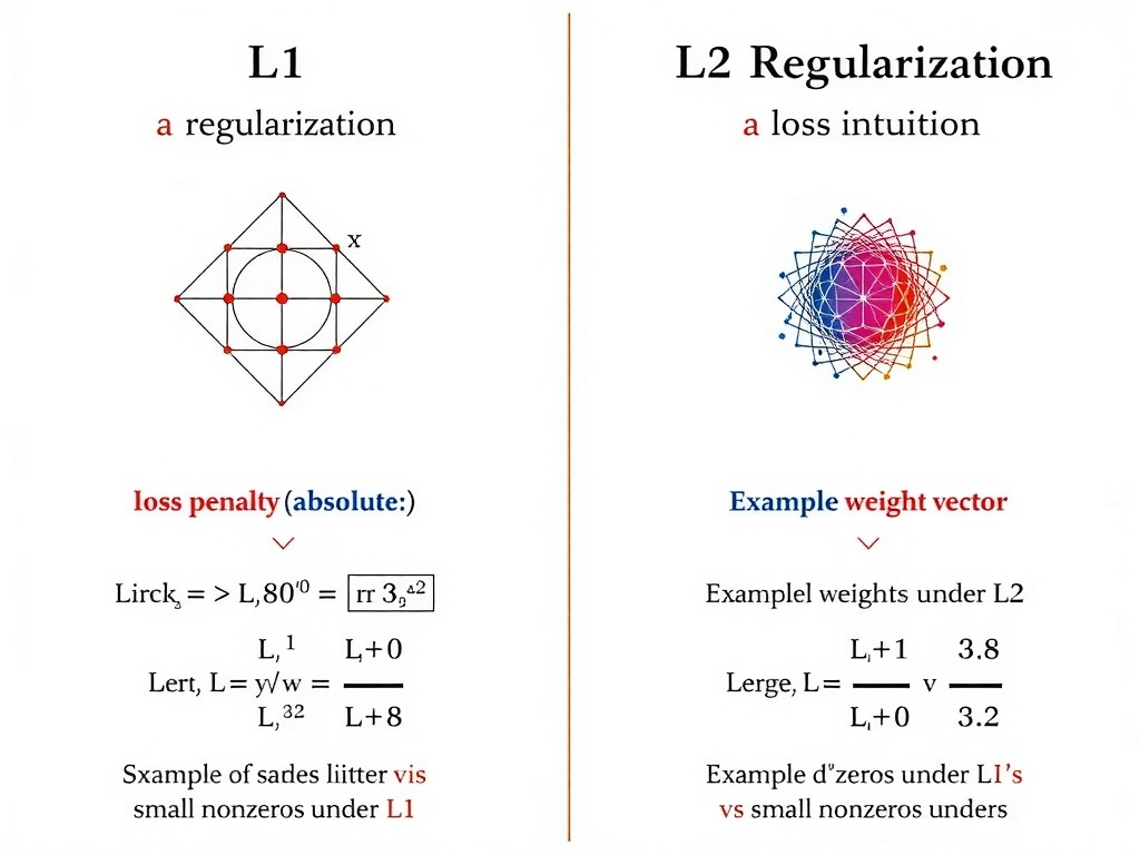 L1 vs L2 regularization comparison: loss penalty formulas (absolute vs squared), geometric diamond vs circle constraint intuition, example weight vectors showing sparse zeros under L1 vs small nonzeros under L2; overfitting control context.