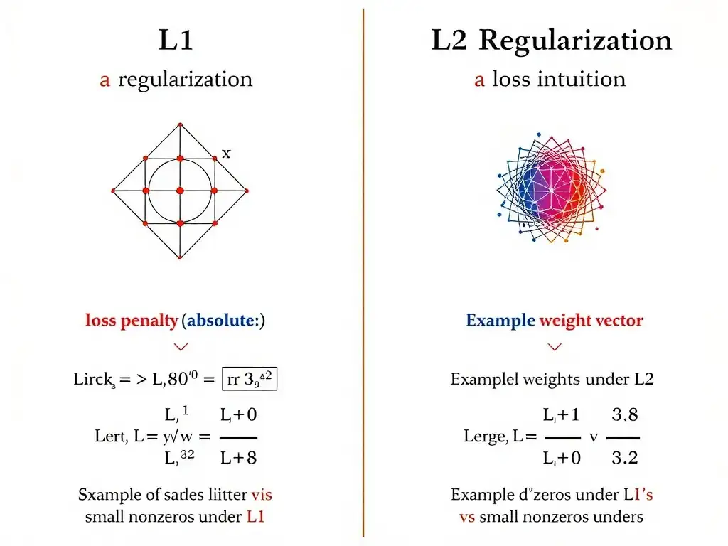 L1 vs L2 regularization comparison: loss penalty formulas (absolute vs squared), geometric diamond vs circle constraint intuition, example weight vectors showing sparse zeros under L1 vs small nonzeros under L2; overfitting control context.
