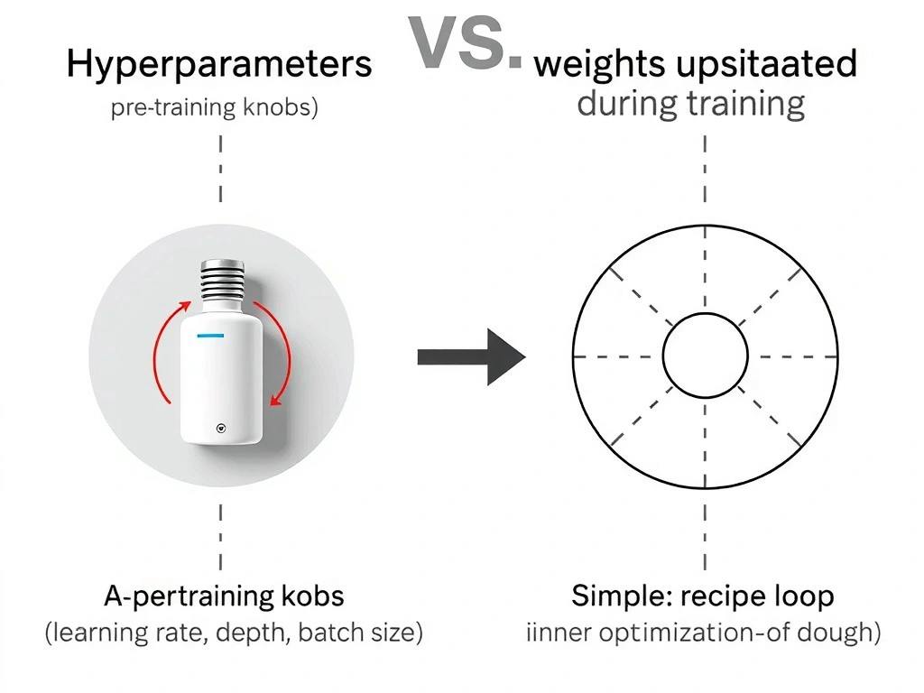 Contrast hyperparameters vs learned parameters: left side labeled pre-training knobs (learning rate, depth, batch size); right side labeled weights updated during training; arrow showing outer tuning loop vs inner optimization; simple recipe vs dough analogy labels.