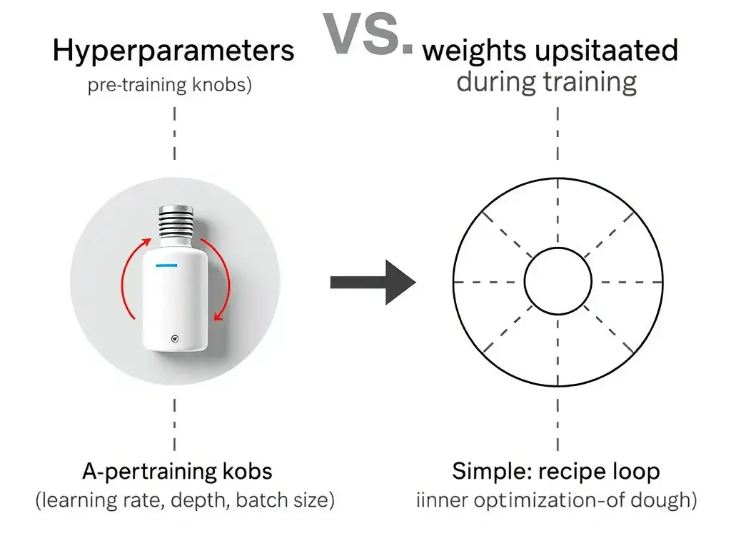 Contrast hyperparameters vs learned parameters: left side labeled pre-training knobs (learning rate, depth, batch size); right side labeled weights updated during training; arrow showing outer tuning loop vs inner optimization; simple recipe vs dough analogy labels.